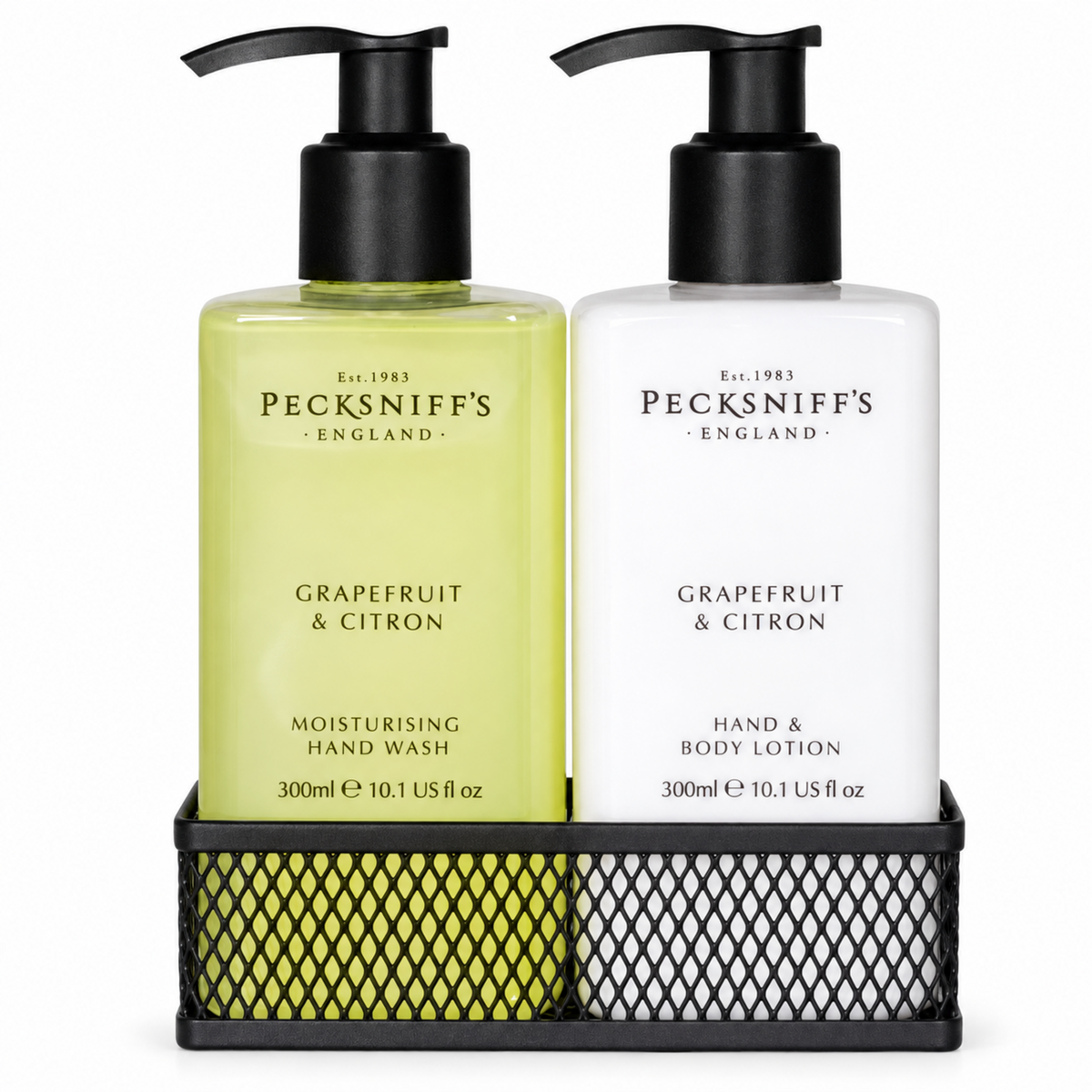 Pecksniffs Grapefruit & Citron Moisturizing Hand Wash and Hand Lotion in a Black Mesh Caddy | 300ml/10.14 Fl oz