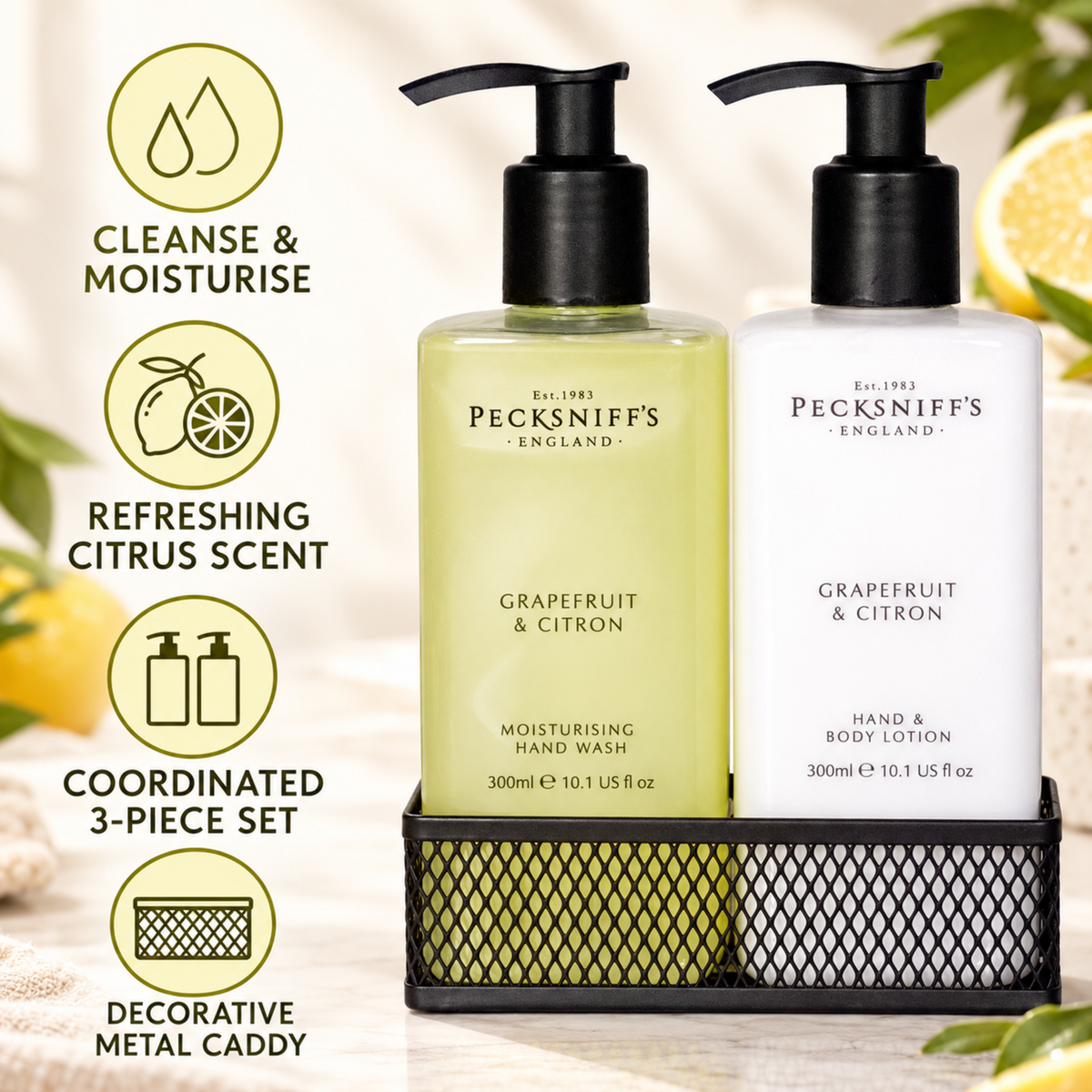 Pecksniffs Grapefruit & Citron Moisturizing Hand Wash and Hand Lotion in a Black Mesh Caddy | 300ml/10.14 Fl oz
