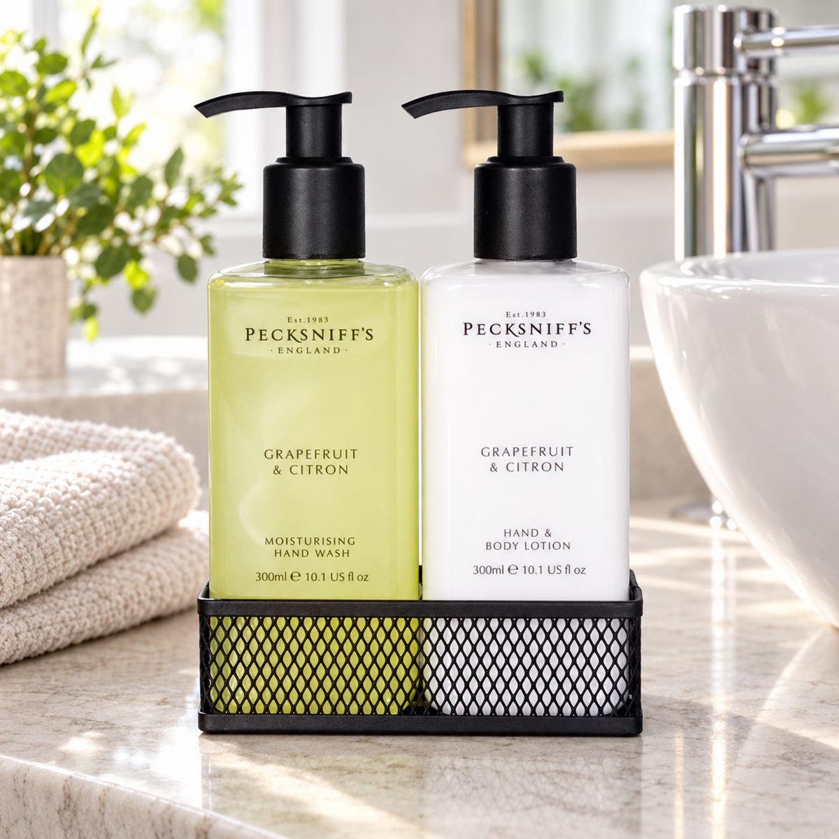 Pecksniffs Grapefruit & Citron Moisturizing Hand Wash and Hand Lotion in a Black Mesh Caddy | 300ml/10.14 Fl oz