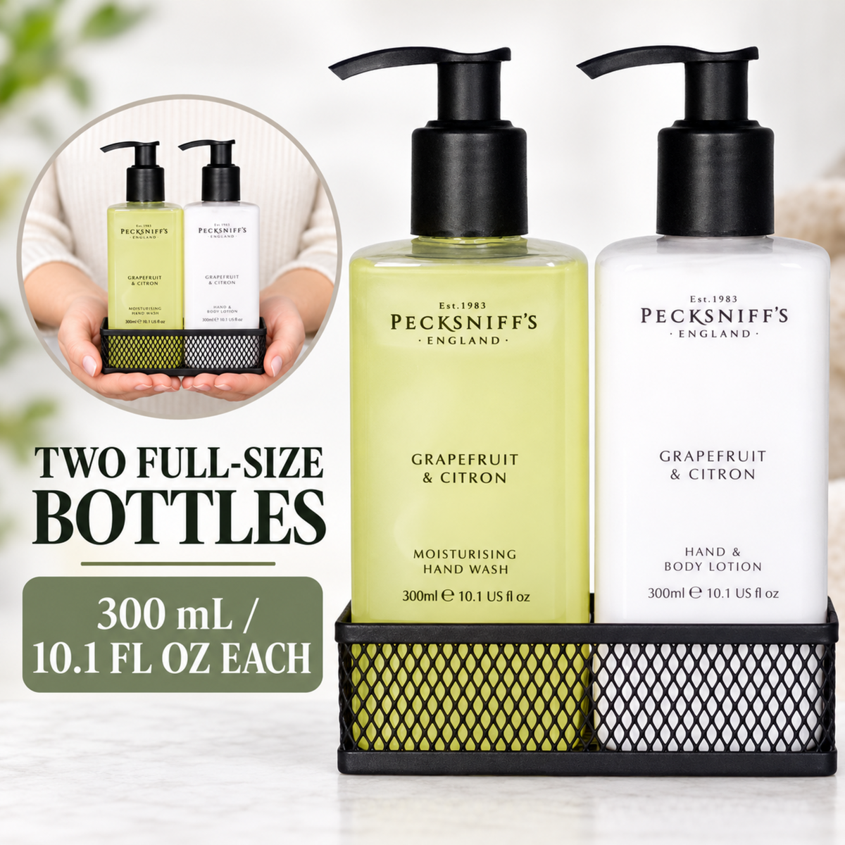 Pecksniffs Grapefruit & Citron Moisturizing Hand Wash and Hand Lotion in a Black Mesh Caddy | 300ml/10.14 Fl oz
