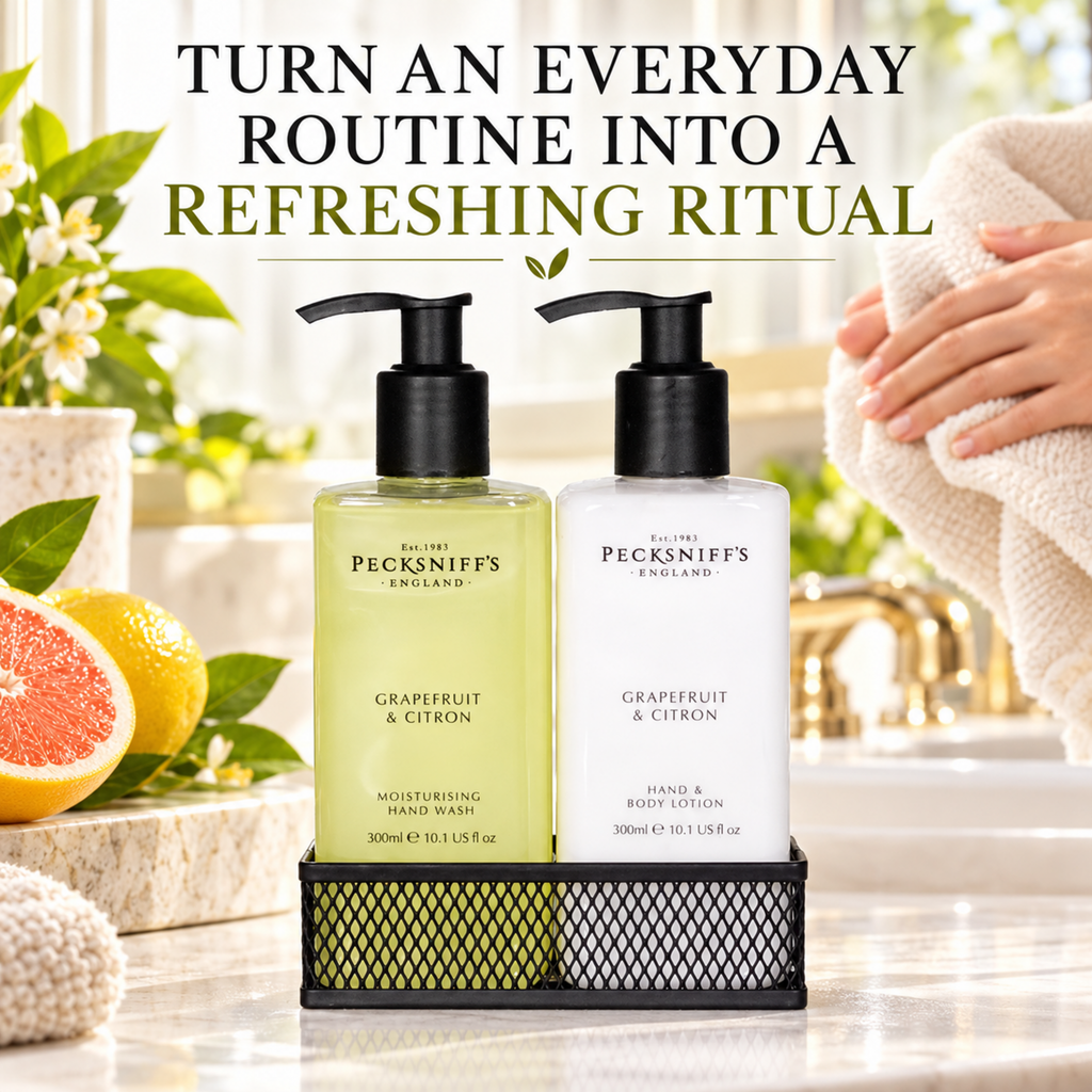 Pecksniffs Grapefruit & Citron Moisturizing Hand Wash and Hand Lotion in a Black Mesh Caddy | 300ml/10.14 Fl oz