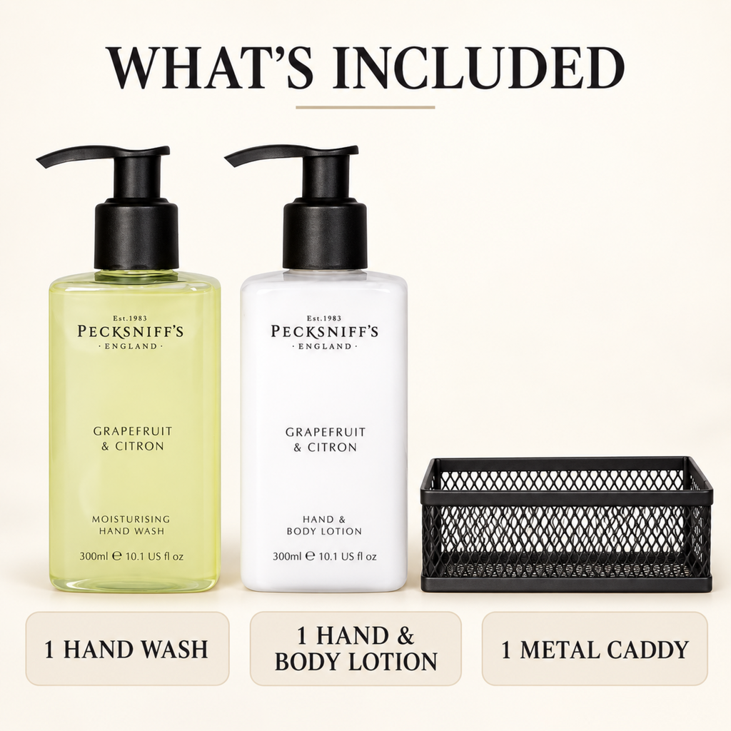 Pecksniffs Grapefruit & Citron Moisturizing Hand Wash and Hand Lotion in a Black Mesh Caddy | 300ml/10.14 Fl oz
