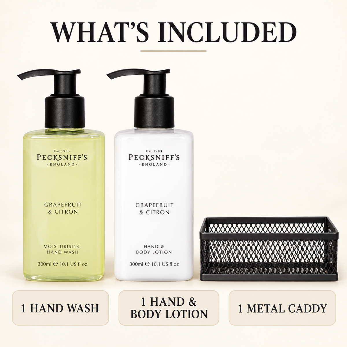 Pecksniffs Grapefruit & Citron Moisturizing Hand Wash and Hand Lotion in a Black Mesh Caddy | 300ml/10.14 Fl oz