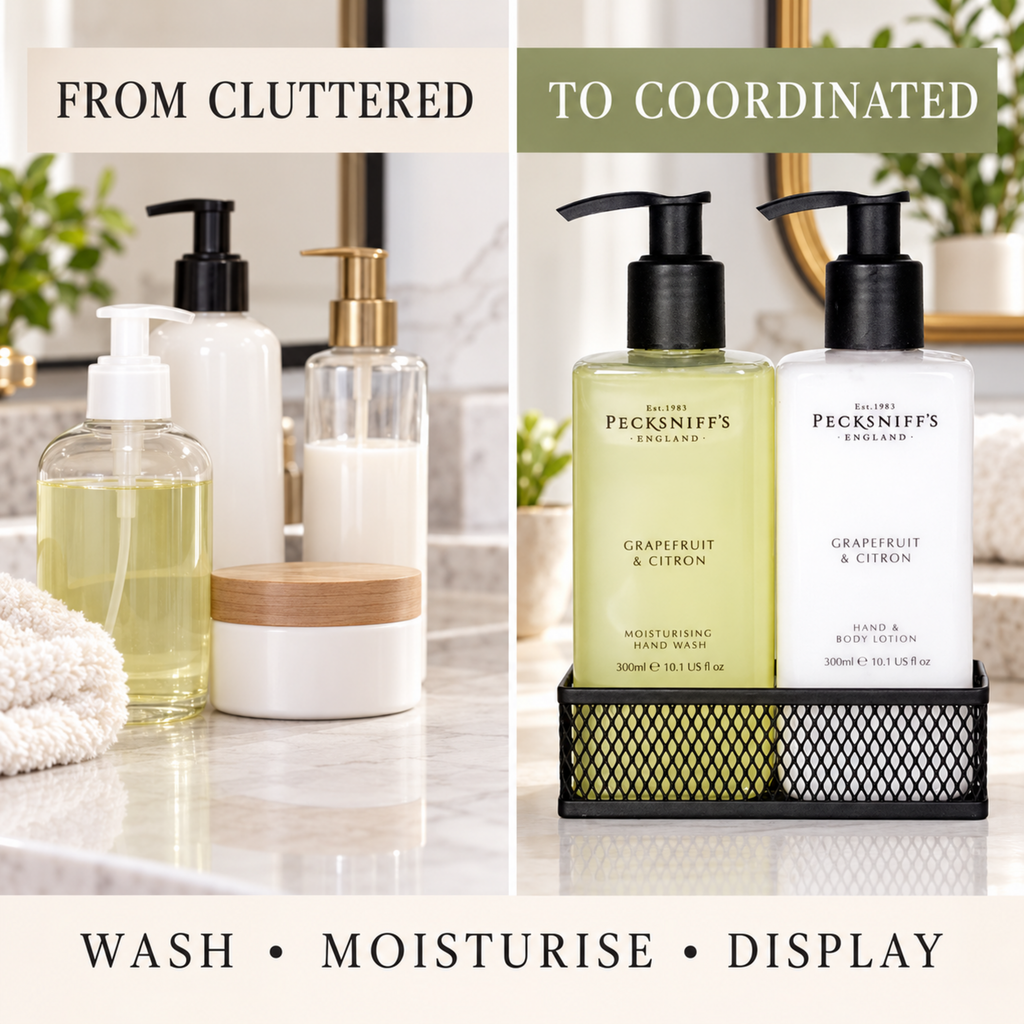 Pecksniffs Grapefruit & Citron Moisturizing Hand Wash and Hand Lotion in a Black Mesh Caddy | 300ml/10.14 Fl oz