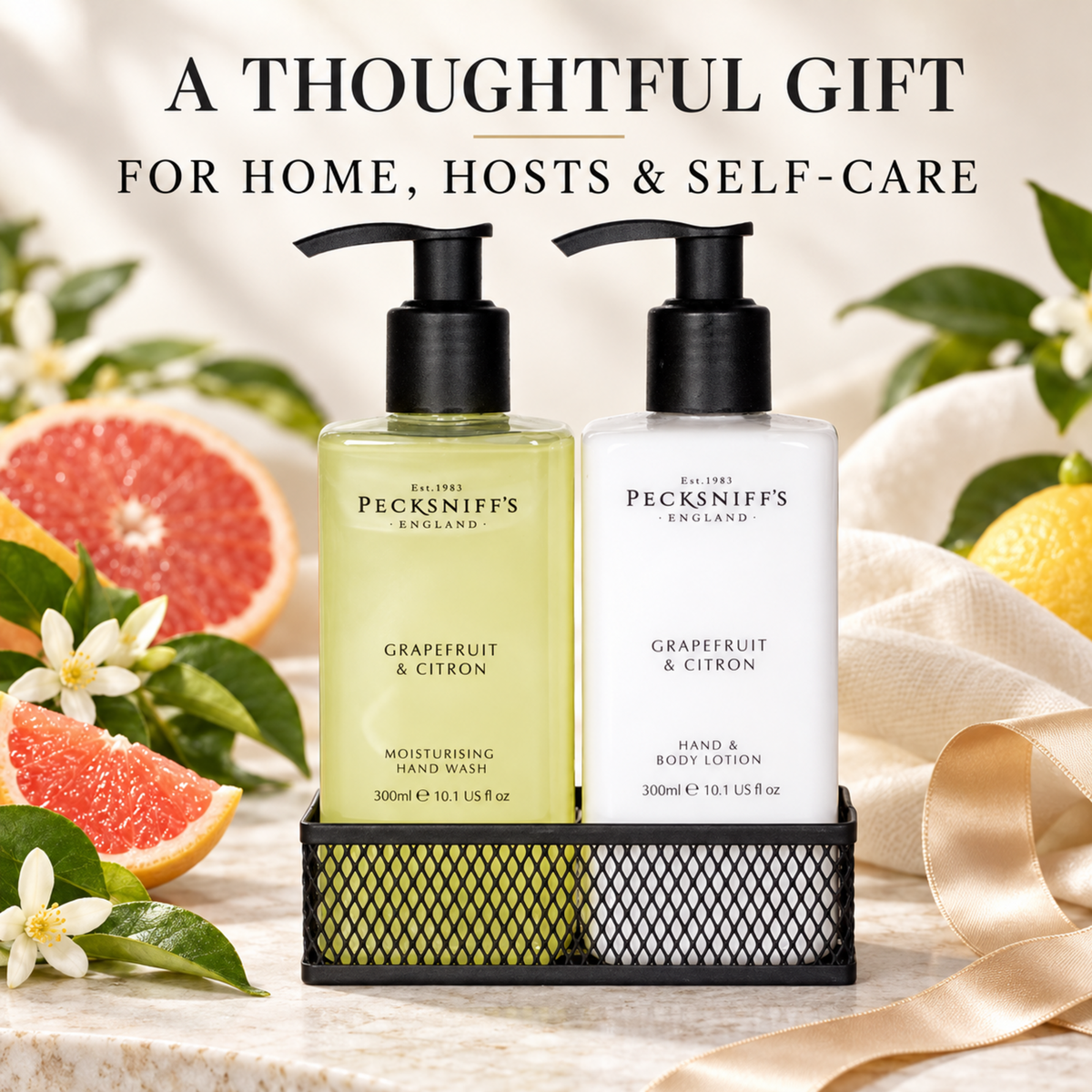 Pecksniffs Grapefruit & Citron Moisturizing Hand Wash and Hand Lotion in a Black Mesh Caddy | 300ml/10.14 Fl oz