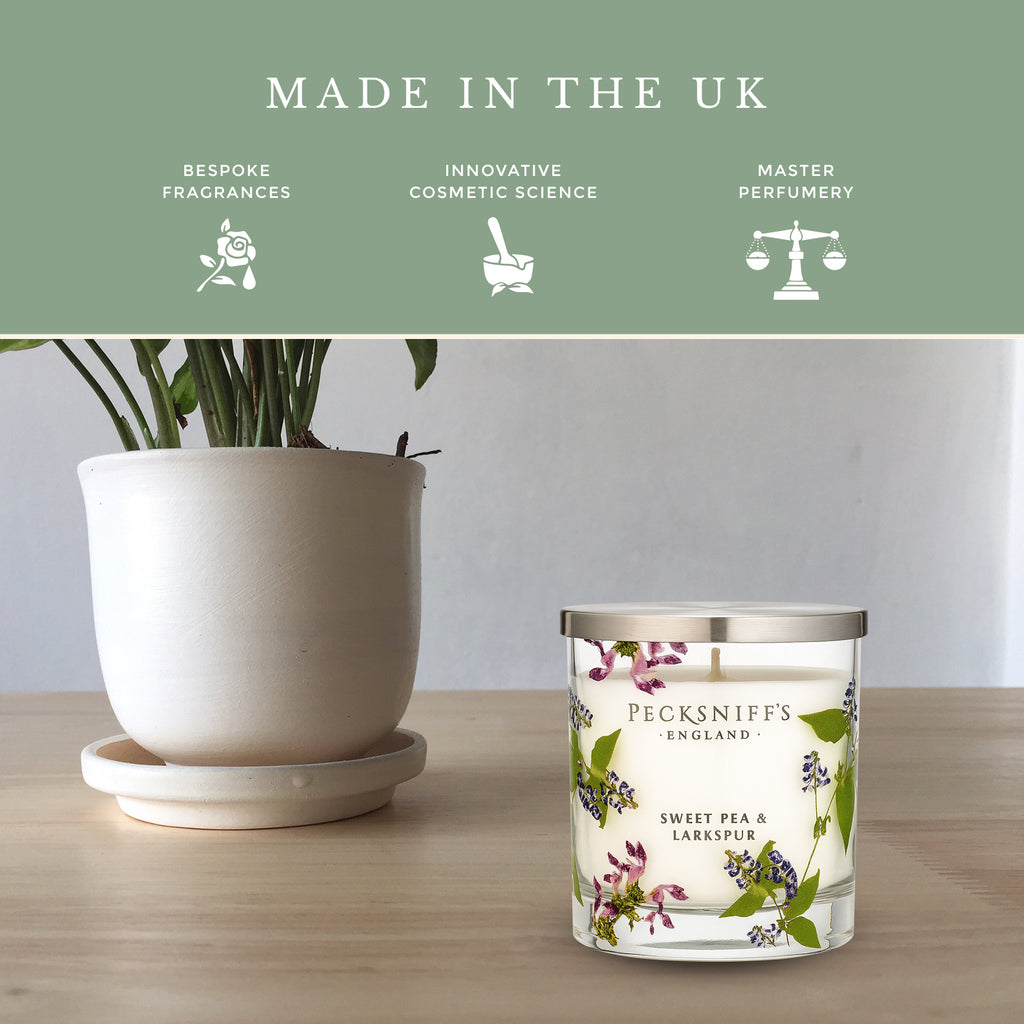 Pecksniff’s 1 Wick Candle – Sweet Pea & Lark Spur, 184 g / 6.49 oz – Long Lasting Burn, Elegant Home Decor & Relaxing Ambiance
