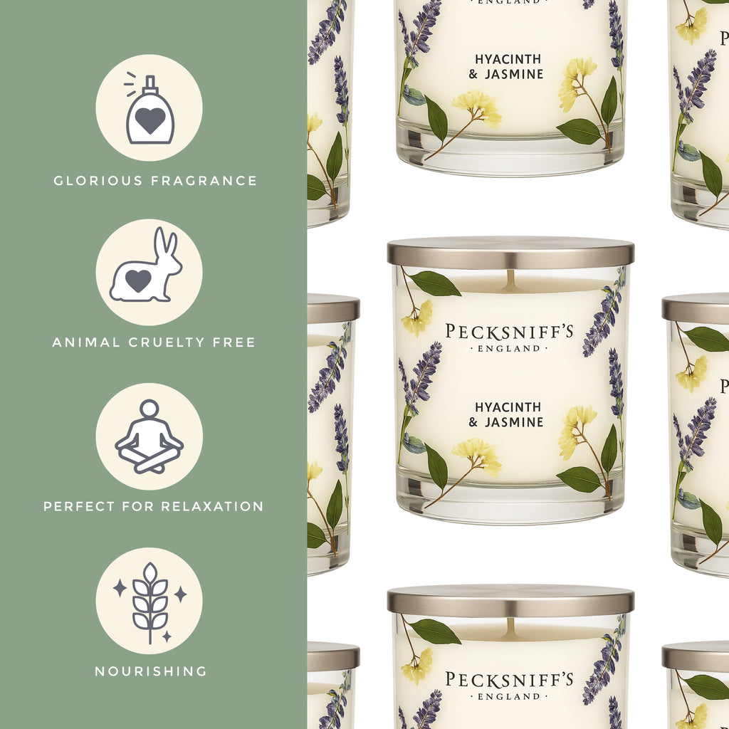 Pecksniff’s 1 Wick Candle – Jasmine & Hyacinth, 184 g / 6.49 oz – Long Lasting Burn, Elegant Home Decor & Relaxing Ambiance
