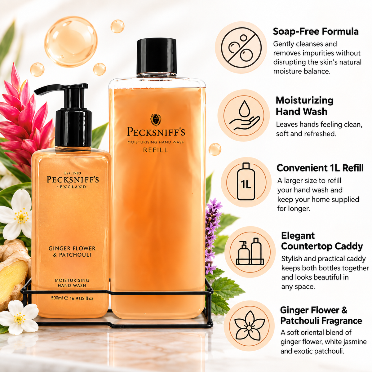 Pecksniff's Classic Ginger Flower & Patchouli Moisturizing Hand Wash 500ml/16.9 Fl oz and Hand Wash Refill 1L/1000ml,33.8 Oz