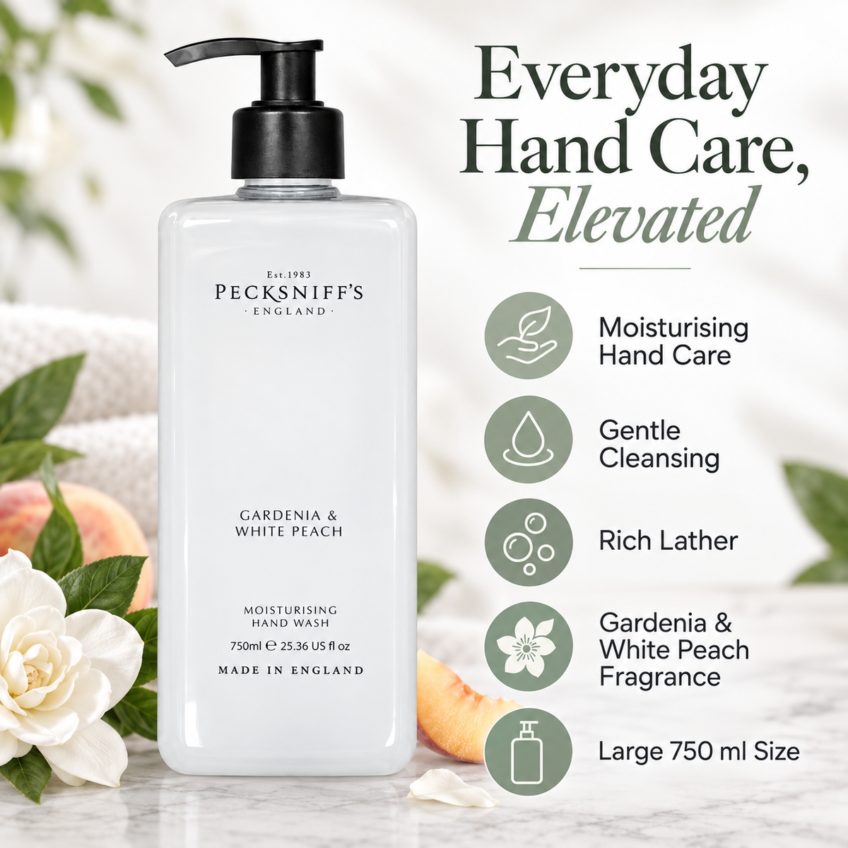 Pecksniff's Classic Gardenia & White Peach Scented Moisturizing Hand Wash | 750ml, 25.3 Fl oz