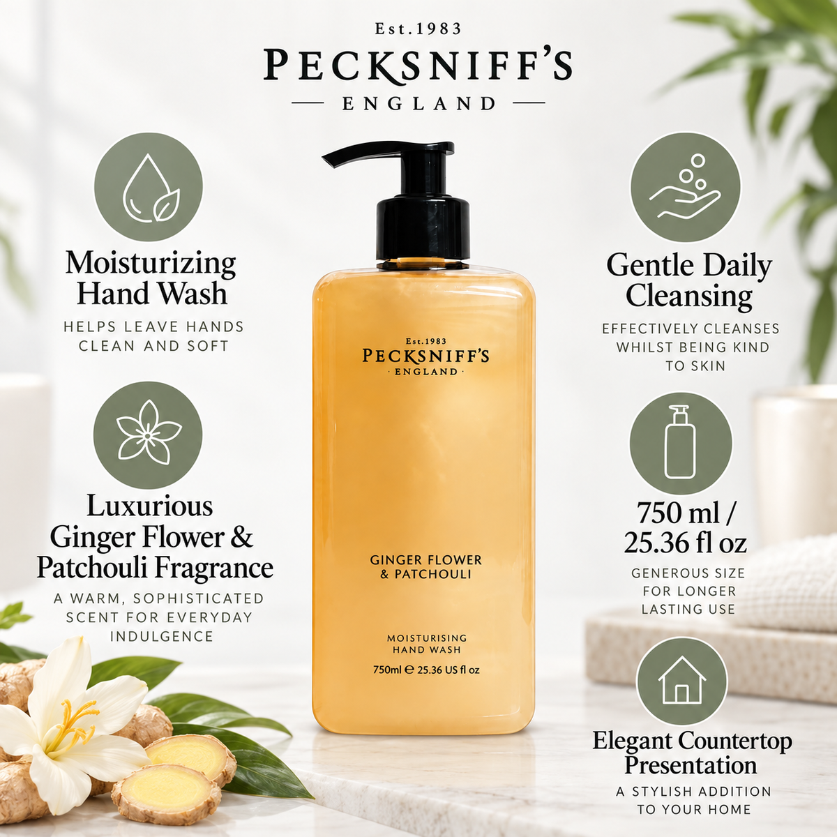 Pecksniff's Classic Ginger Flower & Patchouli Scented Moisturizing Hand Wash | 750ml, 25.3 Fl oz