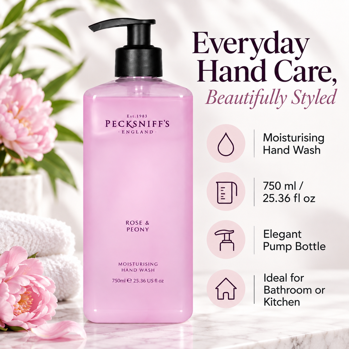 Pecksniff's Classic Rose & Peony Scented Moisturizing Hand Wash | 750ml, 25.3 Fl oz