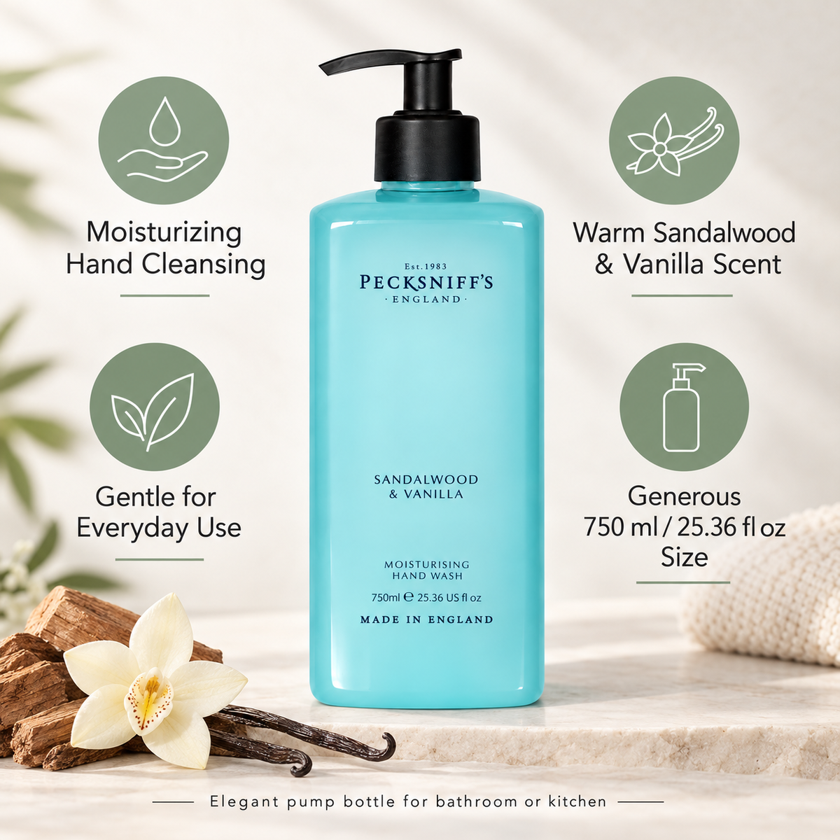 Pecksniff's Classic Sandalwood & Vanilla Scented Moisturizing Hand Wash | 750ml, 25.3 Fl oz