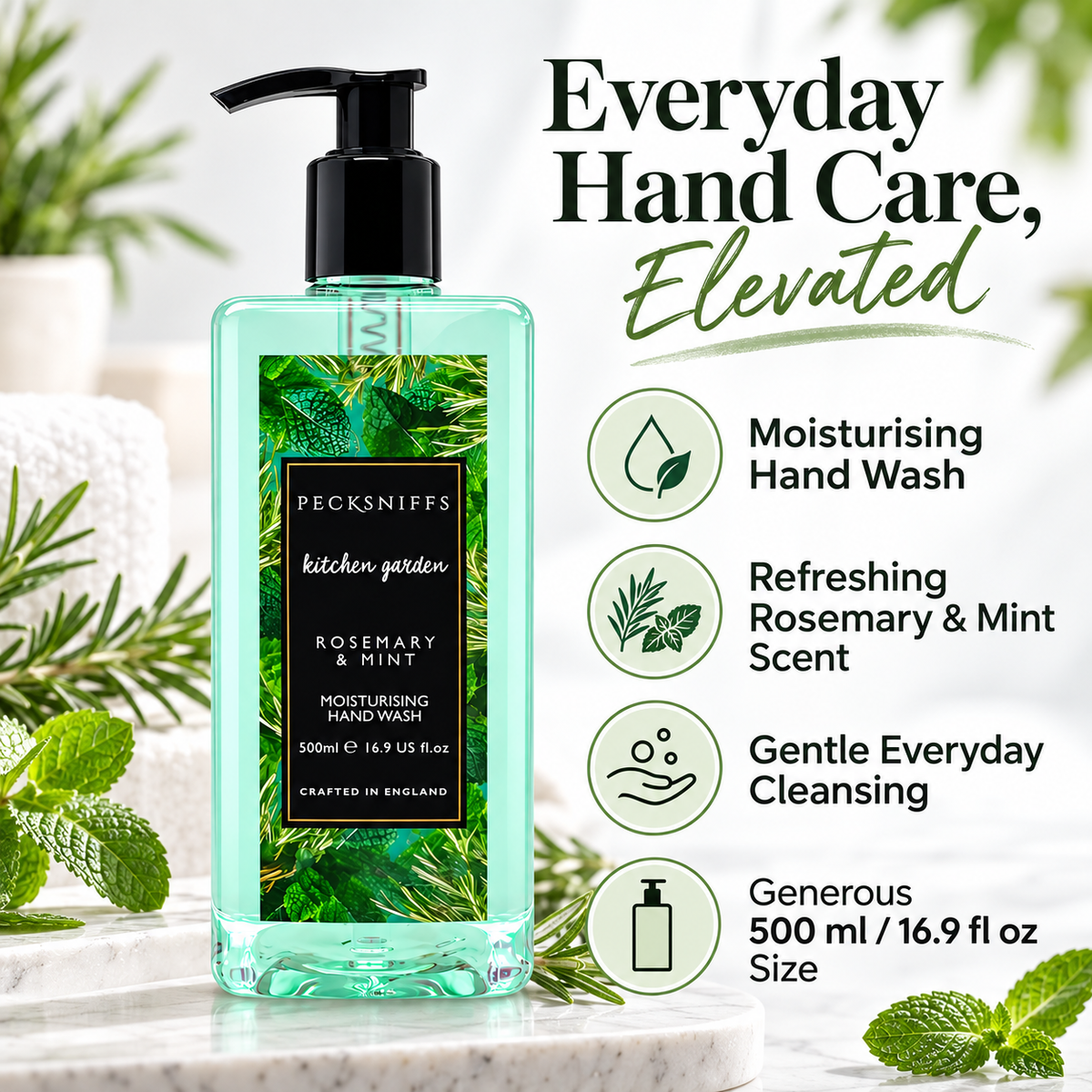 Pecksniffs Rosemary & Mint Scented Moisturizing Hand Wash | 500ml, 16.9 Fl oz