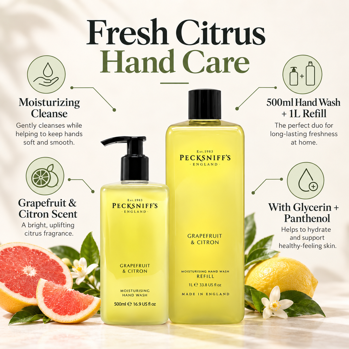Pecksniffs Classic Grapefruit & Citron Moisturizing Hand Wash 500ml/16.9 Fl oz and Hand Wash Refill 1L/1000ml,33.8 Oz