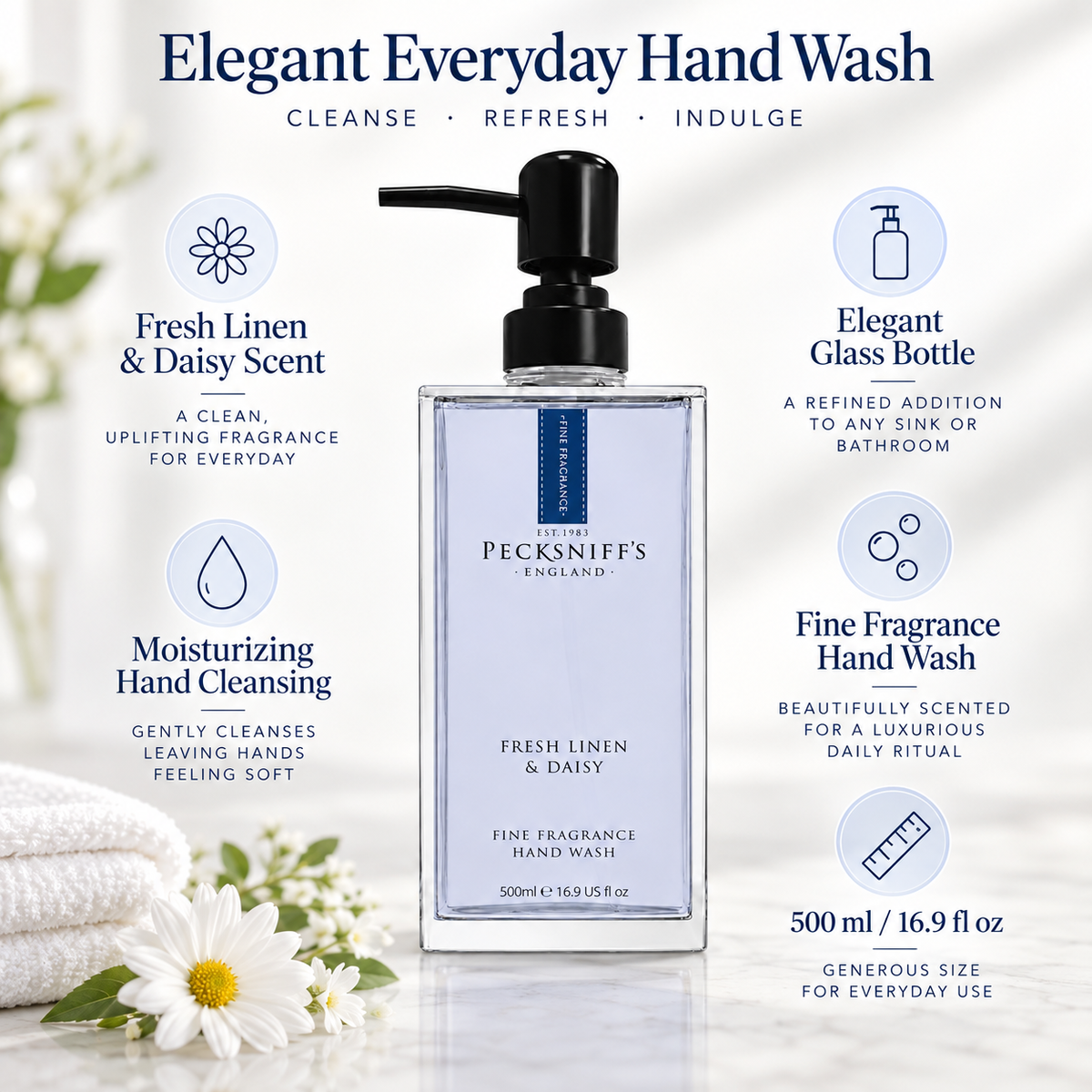 Pecksniffs Fresh Linen & Daisy Fine Fragrance Hand Wash in a Glass Bottle | 500ml, 16.9 Fl oz