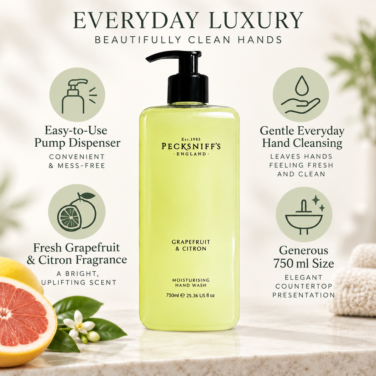 Pecksniffs Classic Grapefruit & Citron Scented Moisturizing Hand Wash | 750ml, 25.3 Fl oz