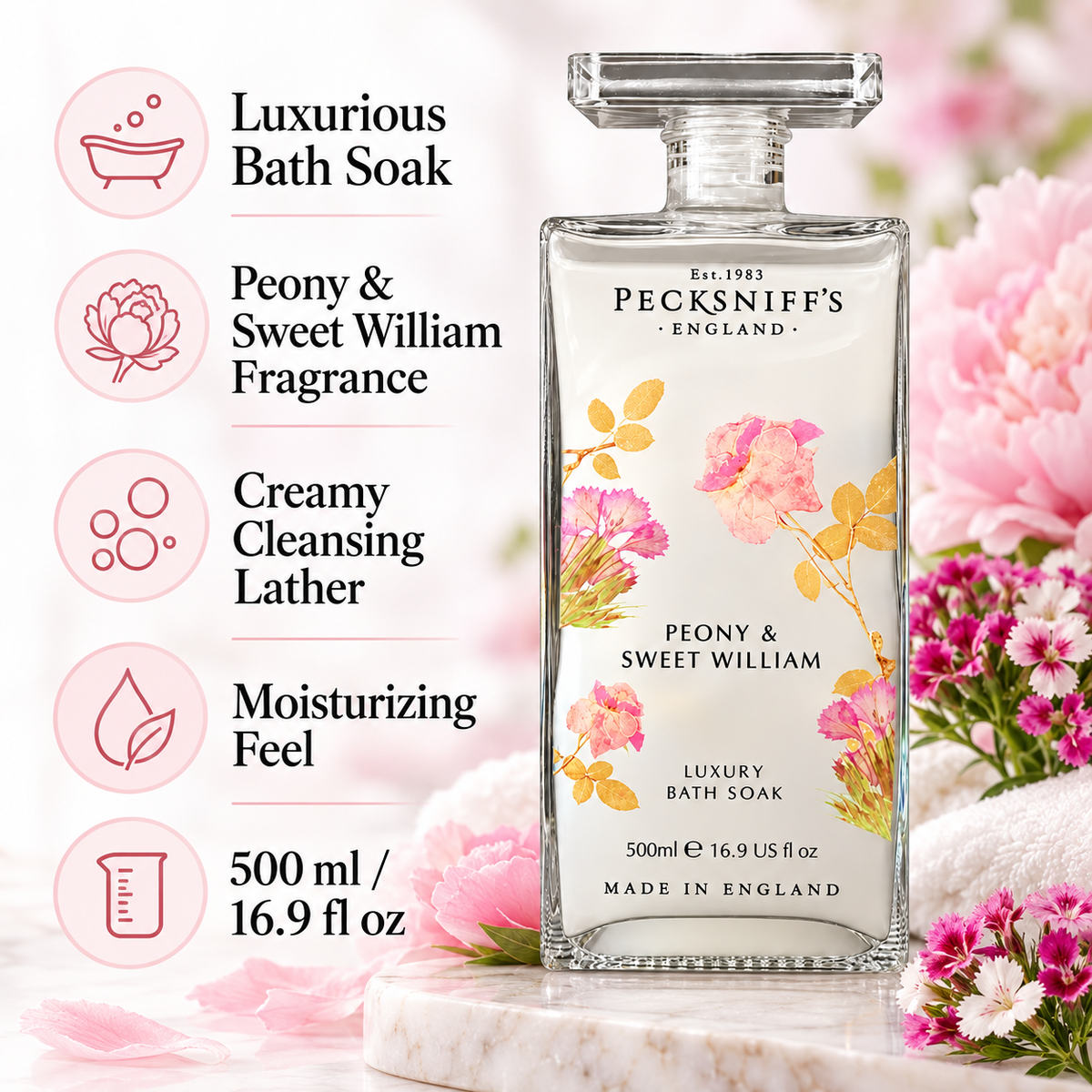 Pecksniff's Peony & Sweet William Bath Soak Decanter | 500ml/16.9 Fl Oz