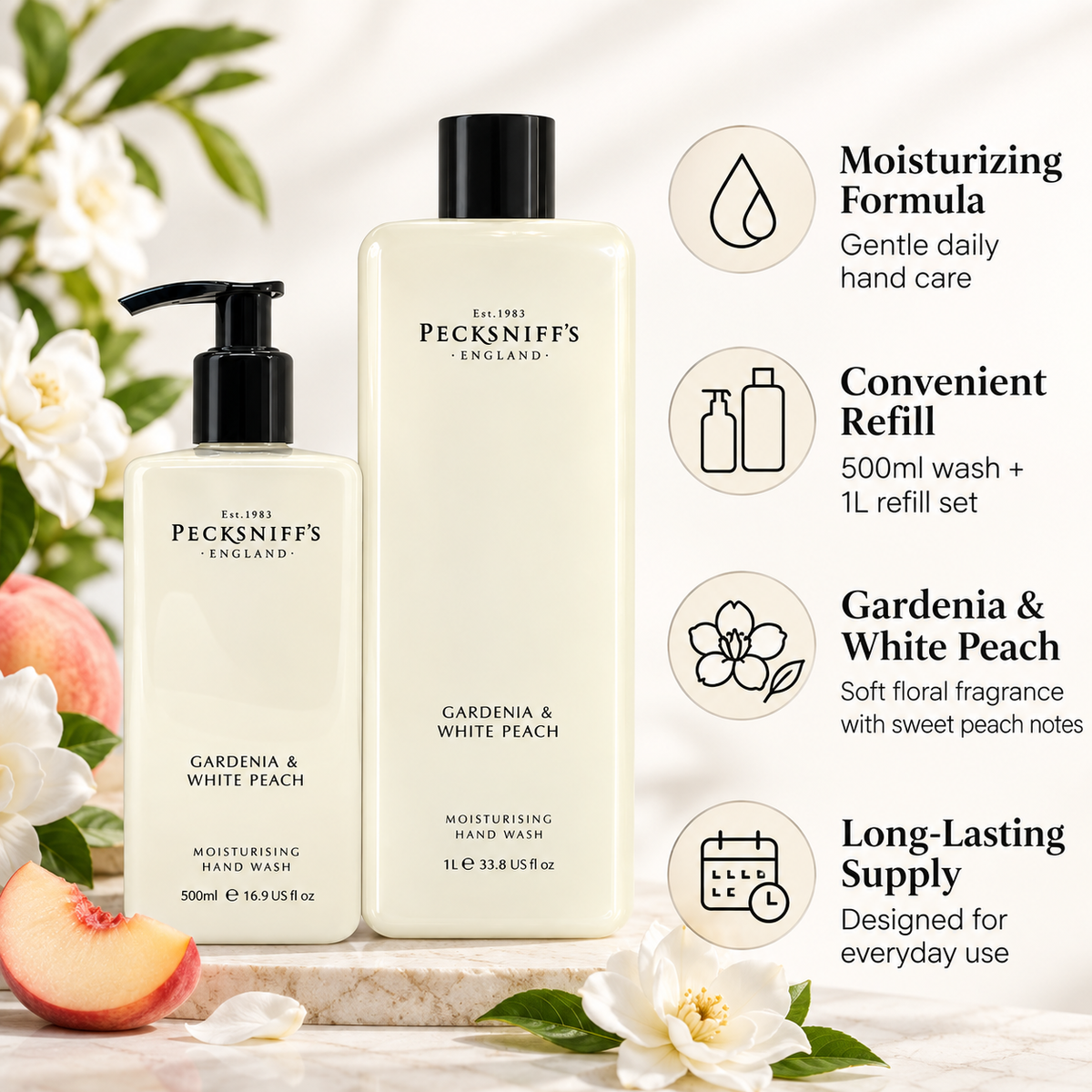 Pecksniffs Classic Gardenia and White Peach Moisturizing Hand Wash 500ml/16.9 Fl oz and Hand Wash Refill 1L/1000ml,33.8 Oz