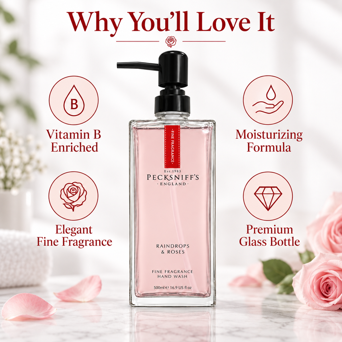 Pecksniffs Raindrops & Roses Fine Fragrance Hand Wash in a Glass Bottle | 500ml, 16.9 Fl oz