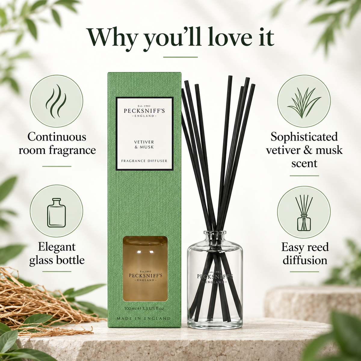 Pecksniffs Vetiver & Musk Diffuser | 100ml/3.38 Fl Oz