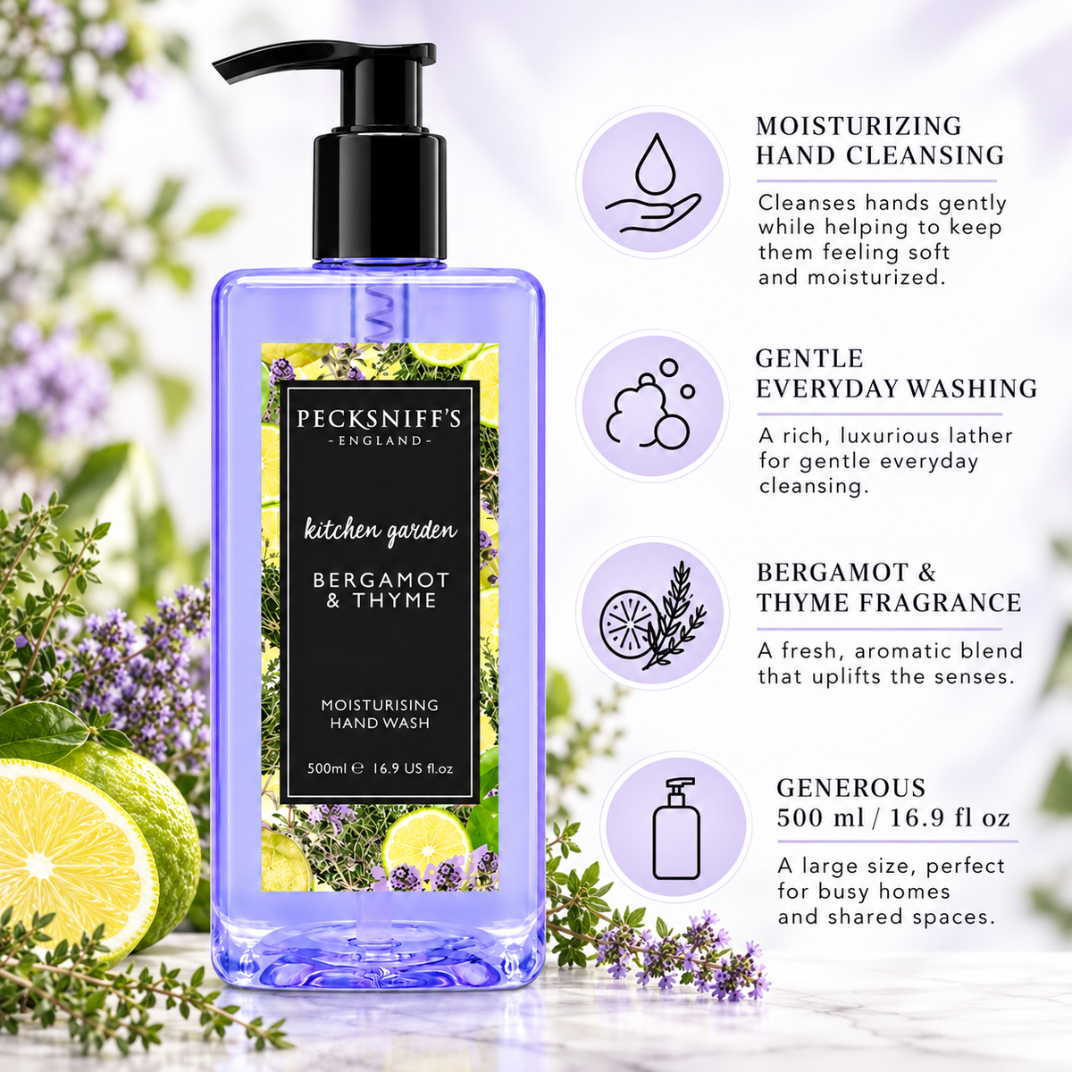 Pecksniff's Classic Bergamot & Thyme Scented Moisturizing Hand Wash | 500ml, 16.9 Fl oz