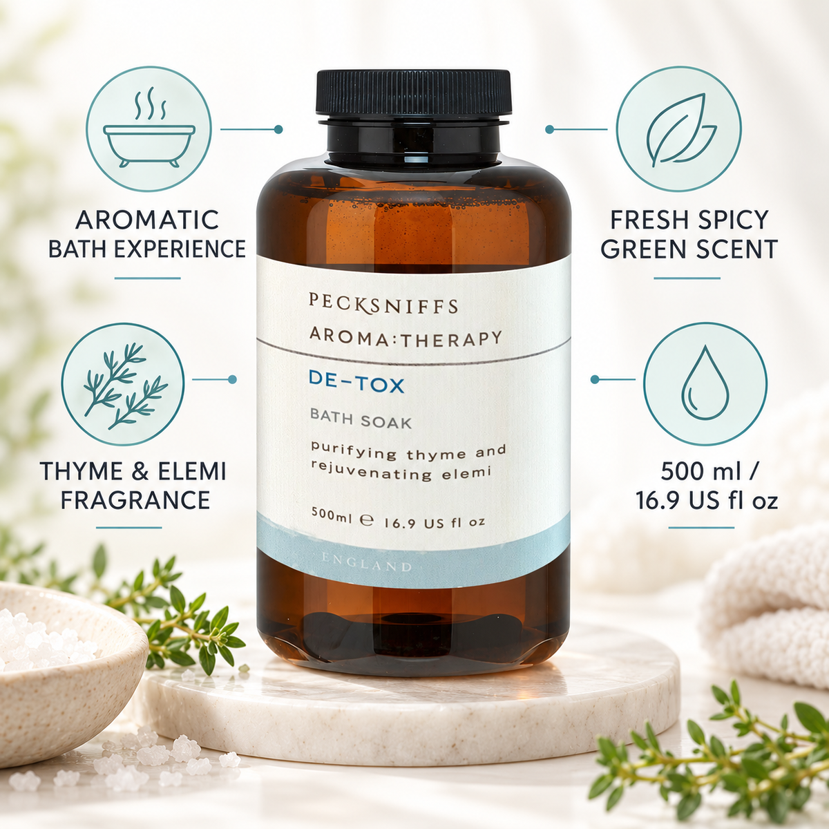 Pecksniffs Aroma:Therapy De-Tox Bath Soak Decanter | 500ml/16.9 Fl Oz
