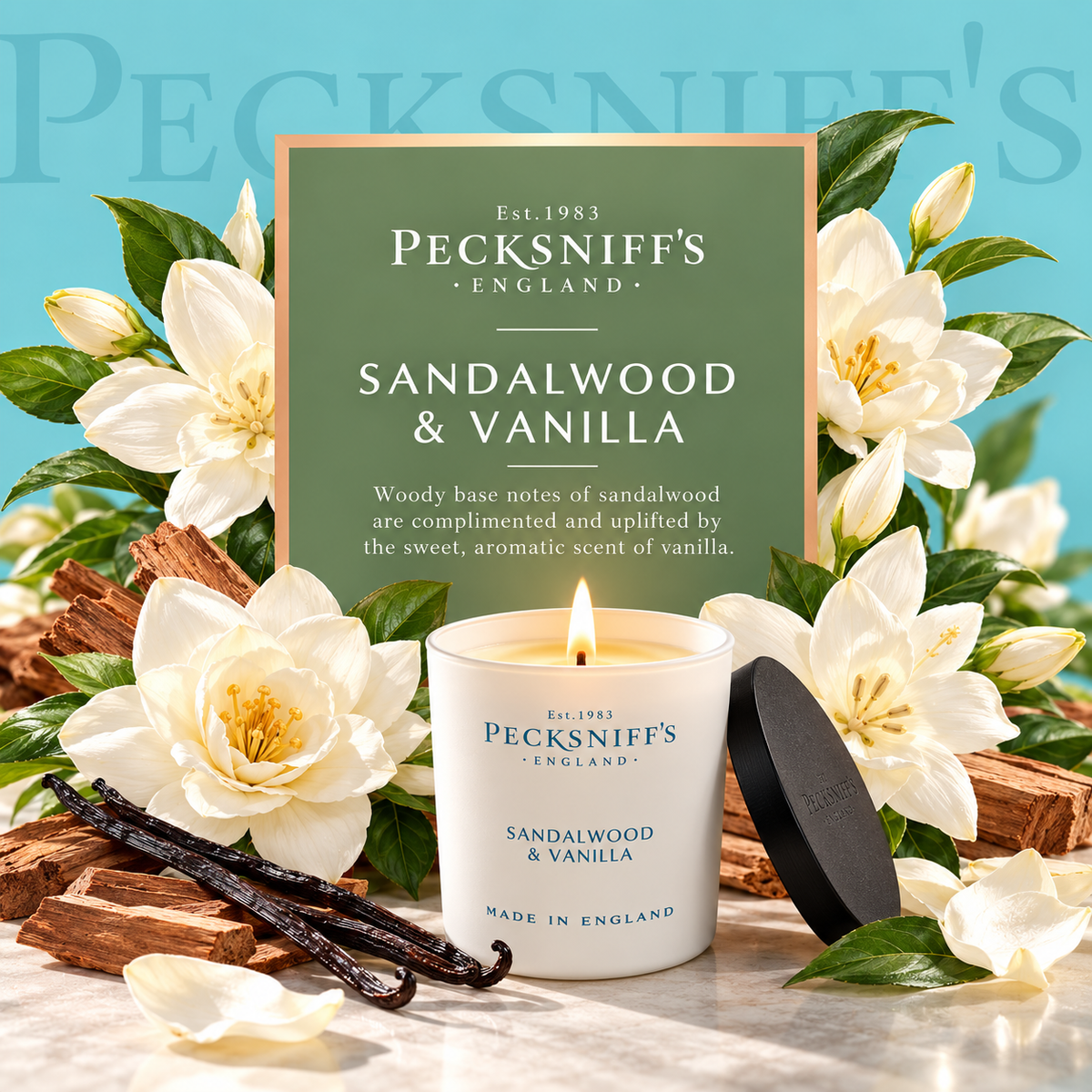 Pecksniff's Sandalwood & Vanilla Luxury Scented Candle | 1 Wick, 100 g/3.5 oz