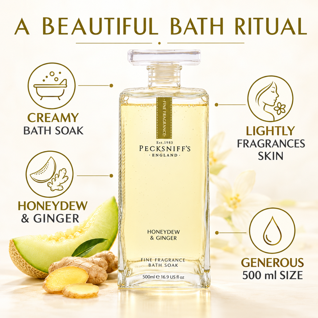 Pecksniff's Prestige Honeydew & Ginger Bath Soak Decanter | 500ml/16.9 Fl Oz