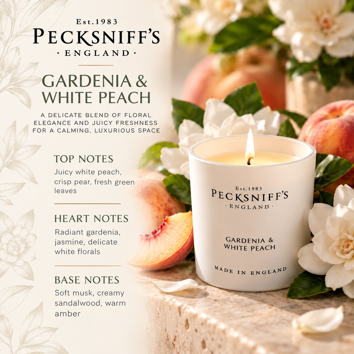 Pecksniff's Gardenia & White Peach Luxury Scented Candle | 1 Wick, 100 g/3.5 oz