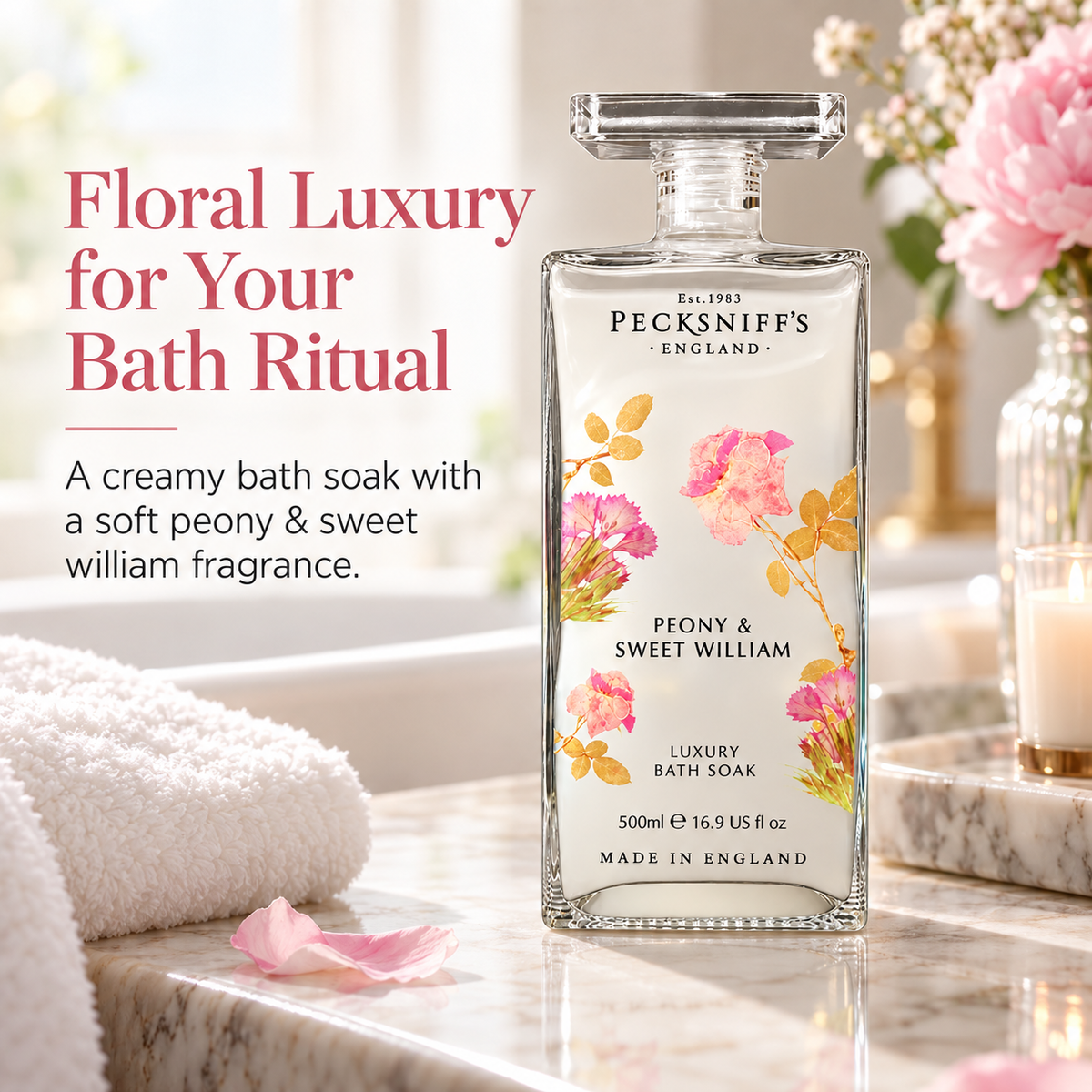 Pecksniff's Peony & Sweet William Bath Soak Decanter | 500ml/16.9 Fl Oz