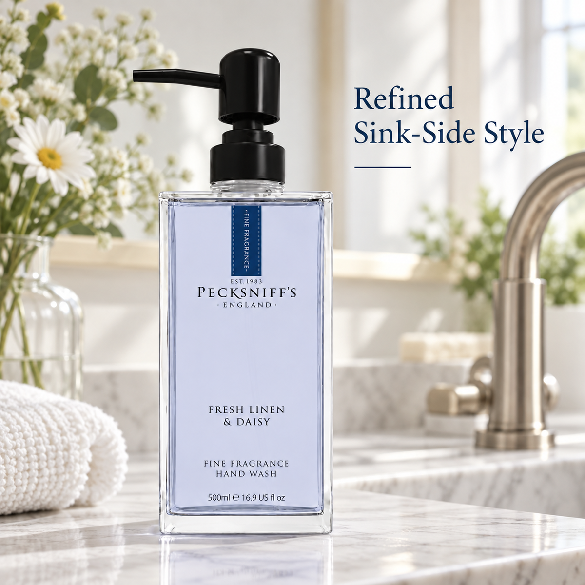 Pecksniffs Fresh Linen & Daisy Fine Fragrance Hand Wash in a Glass Bottle | 500ml, 16.9 Fl oz