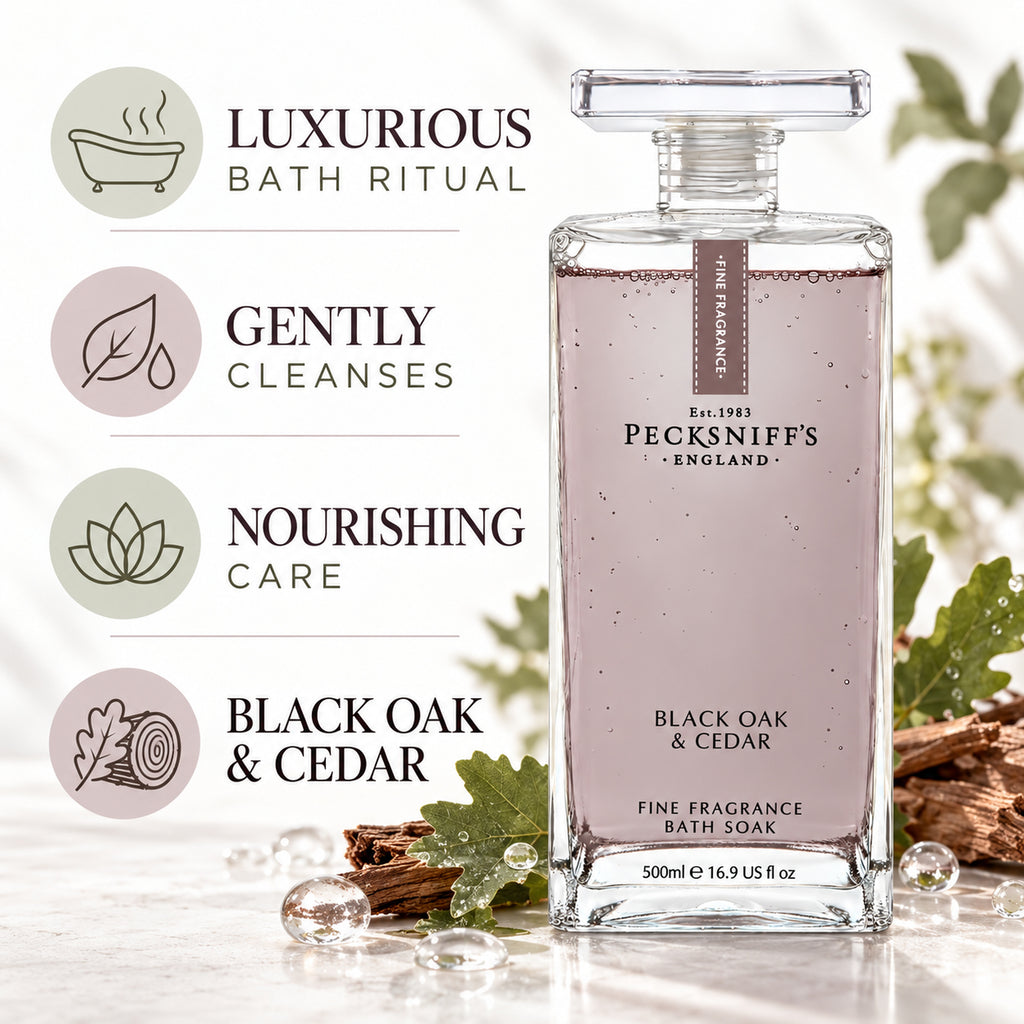 Pecksniff's Prestige Black Oak & Cedar Bath Soak Decanter | 500ml/16.9 Fl Oz