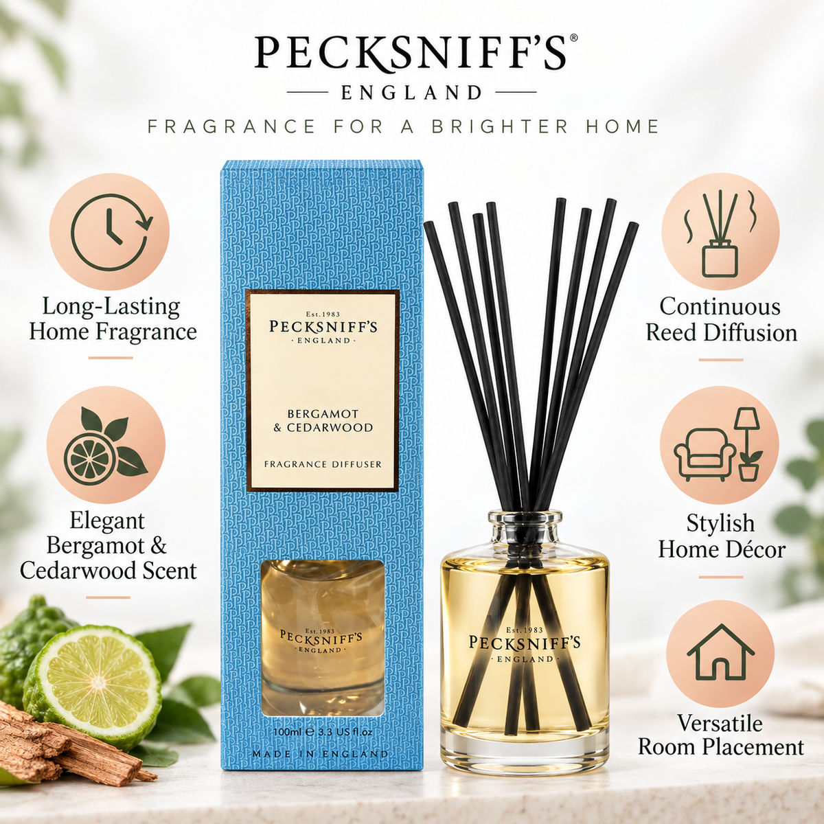 Pecksniffs Bergamot & Cedarwood Diffuser | 100ml/3.38 Fl Oz