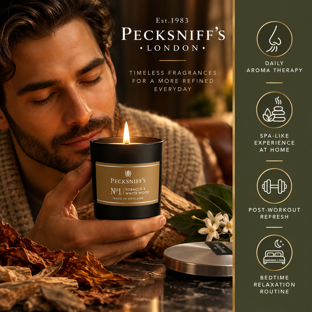 Pecksniffs Tobacco & White Wood Scented Candle | 1 Wick, 100g/3.5oz