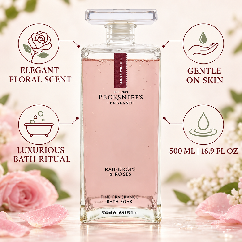 Pecksniff's Prestige Raindrops & Roses Bath Soak Decanter | 500ml/16.9 Fl Oz