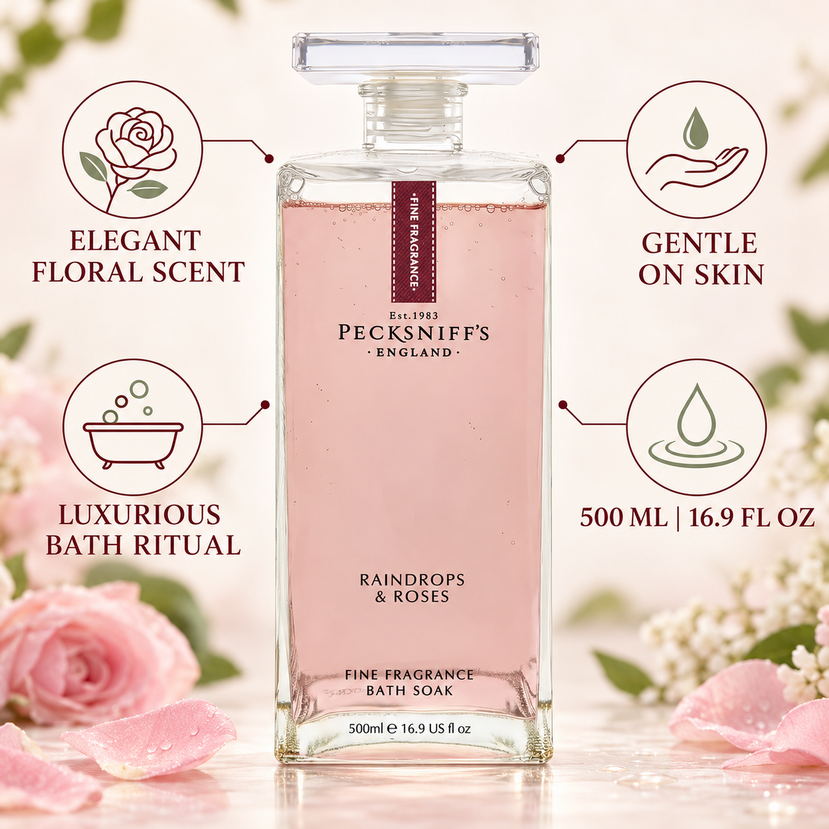 Pecksniffs Prestige Raindrops & Roses Bath Soak Decanter | 500ml/16.9 Fl Oz