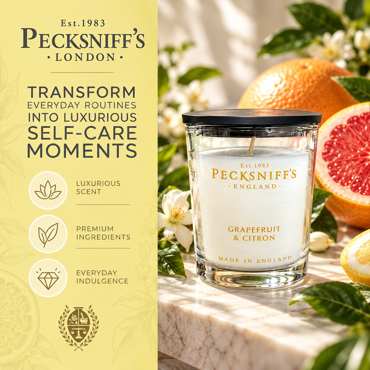 Pecksniff's Grapefruit & Citron Luxury Scented Candle | 1 Wick, 100 g/3.5 oz