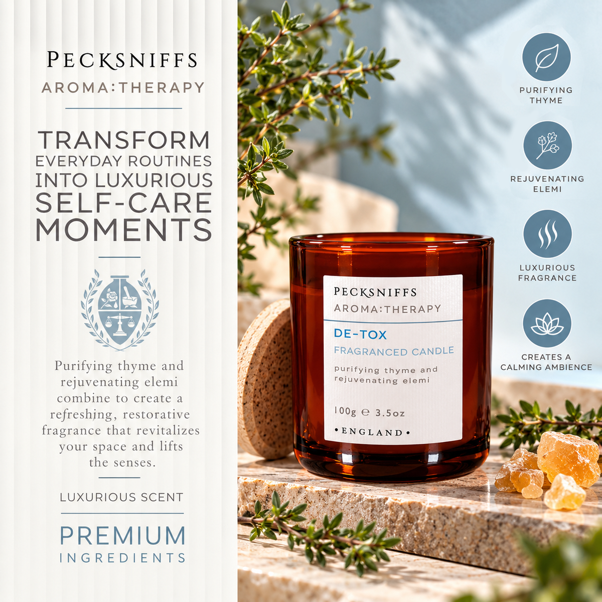 Pecksniff's De-tox Luxury Scented Candle | 1 Wick, 100 g/3.5 oz