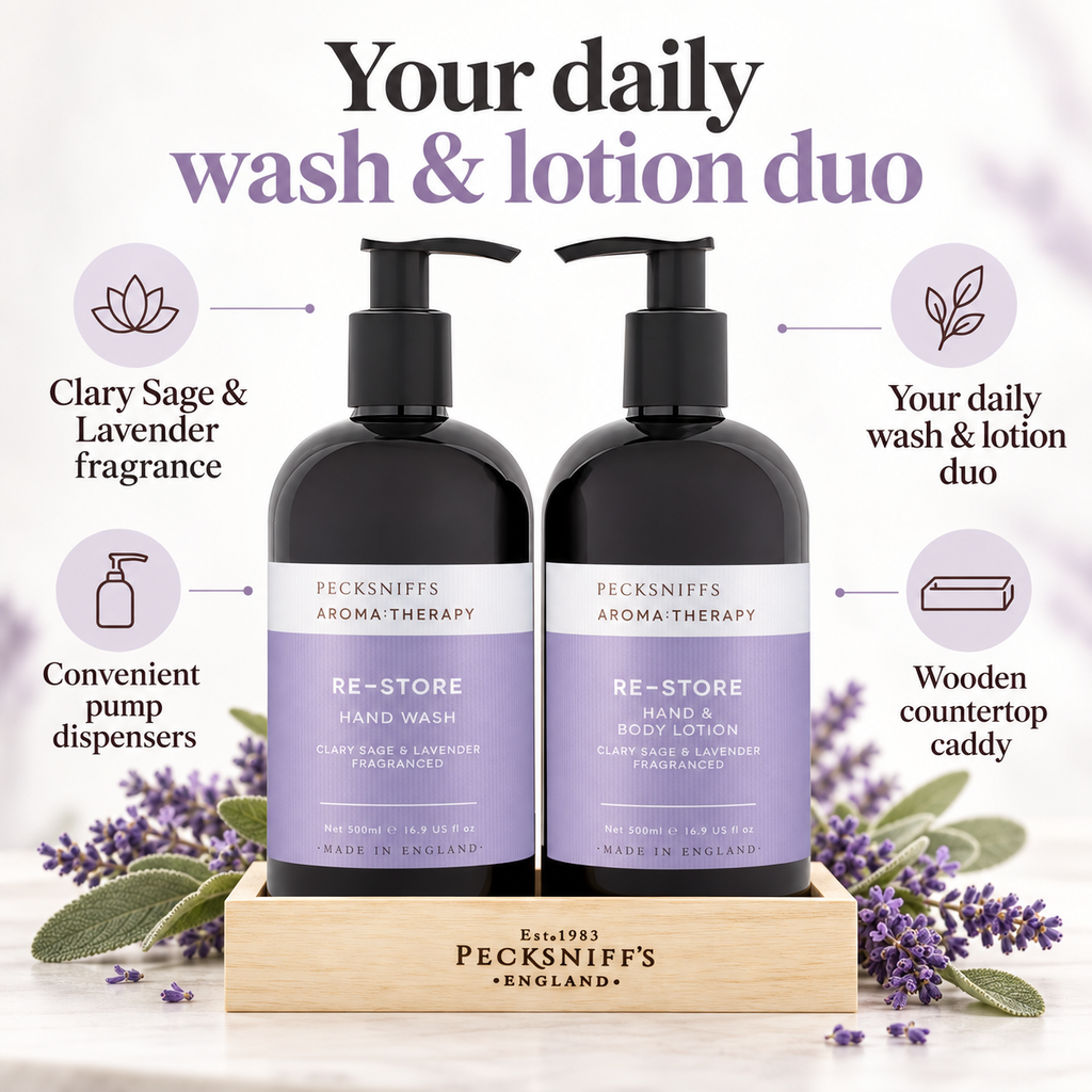 Pecksniff's Aroma:Therapy Re-Store Duo Caddy, 500 ml/16.9 fl oz Hand Wash and 500 ml/16.9 fl oz Hand & Body Lotion