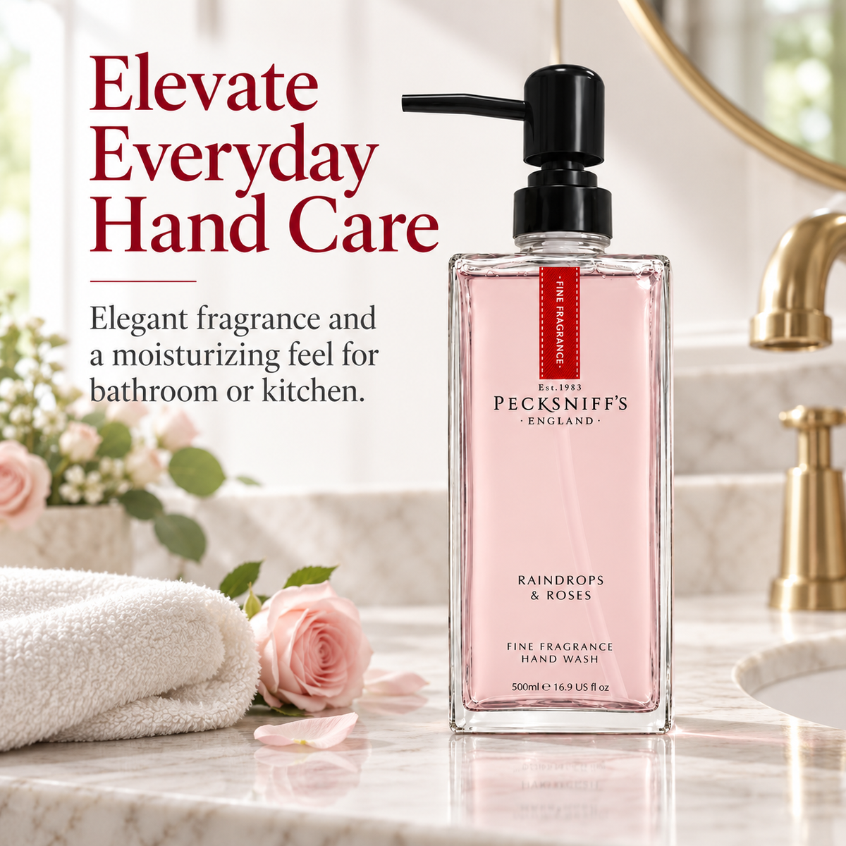 Pecksniffs Raindrops & Roses Fine Fragrance Hand Wash in a Glass Bottle | 500ml, 16.9 Fl oz
