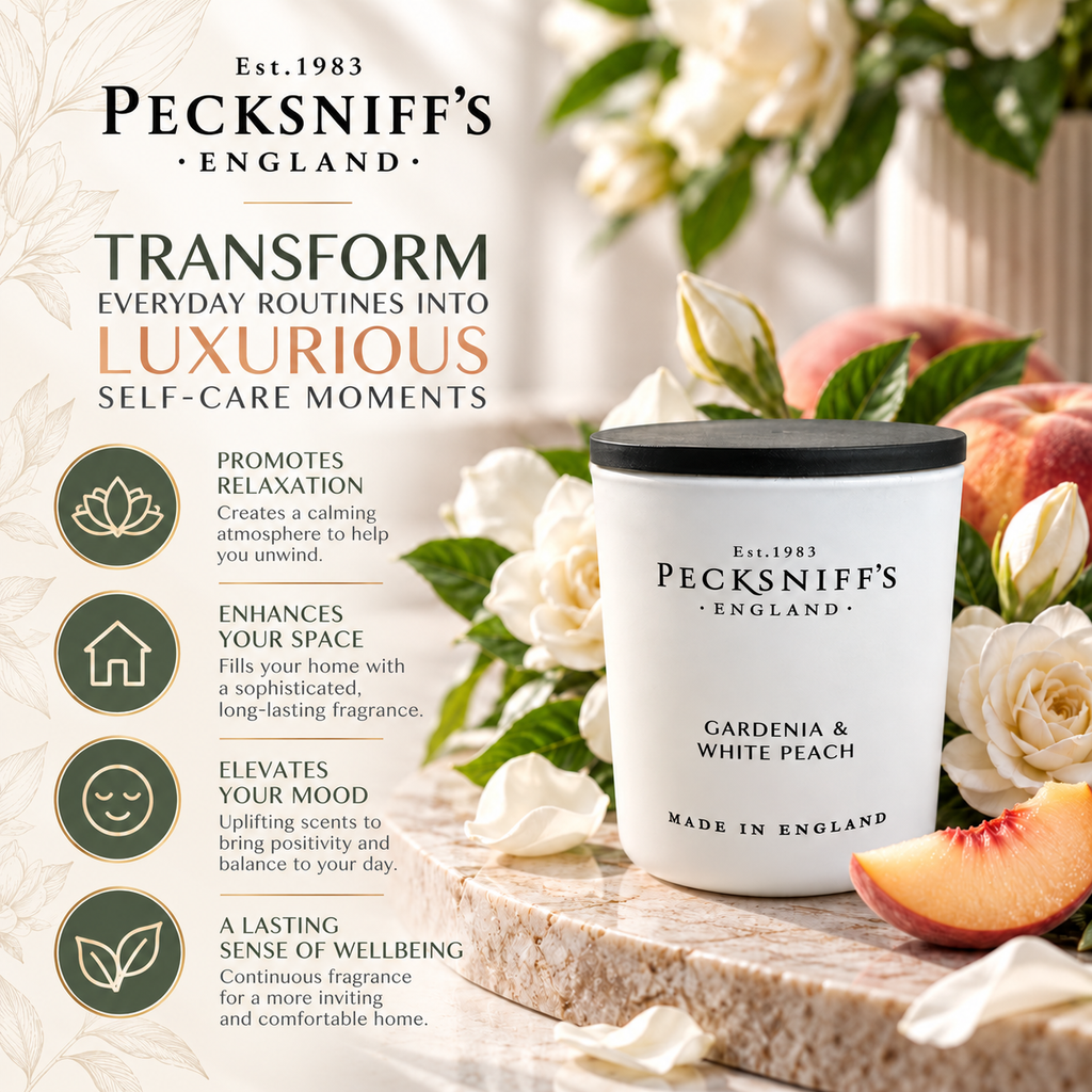 Pecksniff's Gardenia & White Peach Luxury Scented Candle | 1 Wick, 100 g/3.5 oz