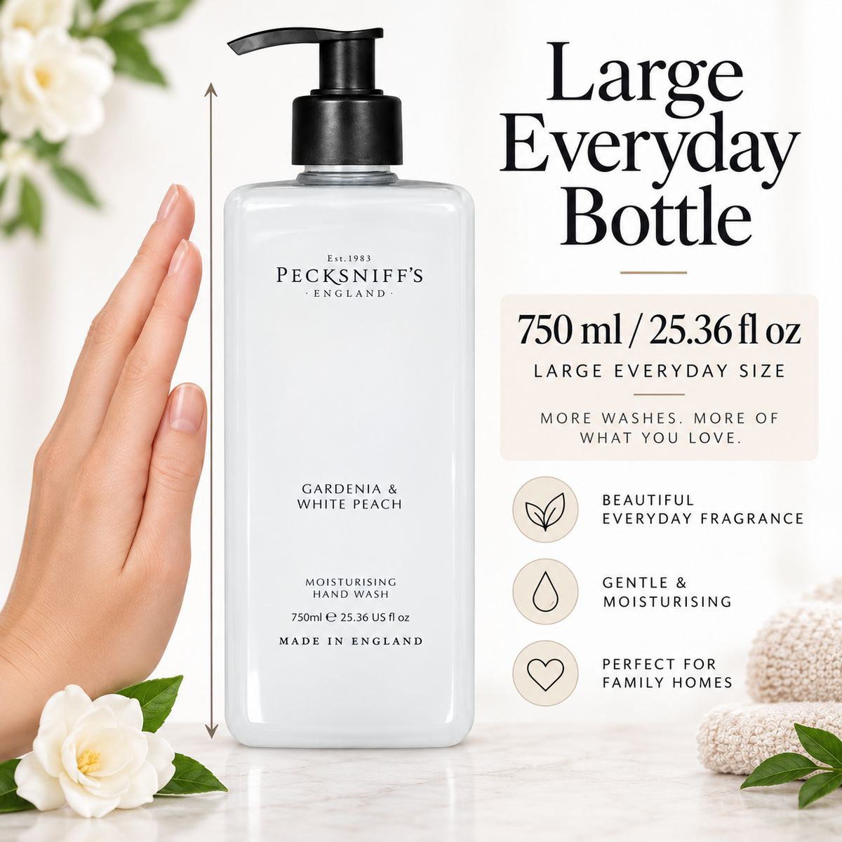 Pecksniff's Classic Gardenia & White Peach Scented Moisturizing Hand Wash | 750ml, 25.3 Fl oz