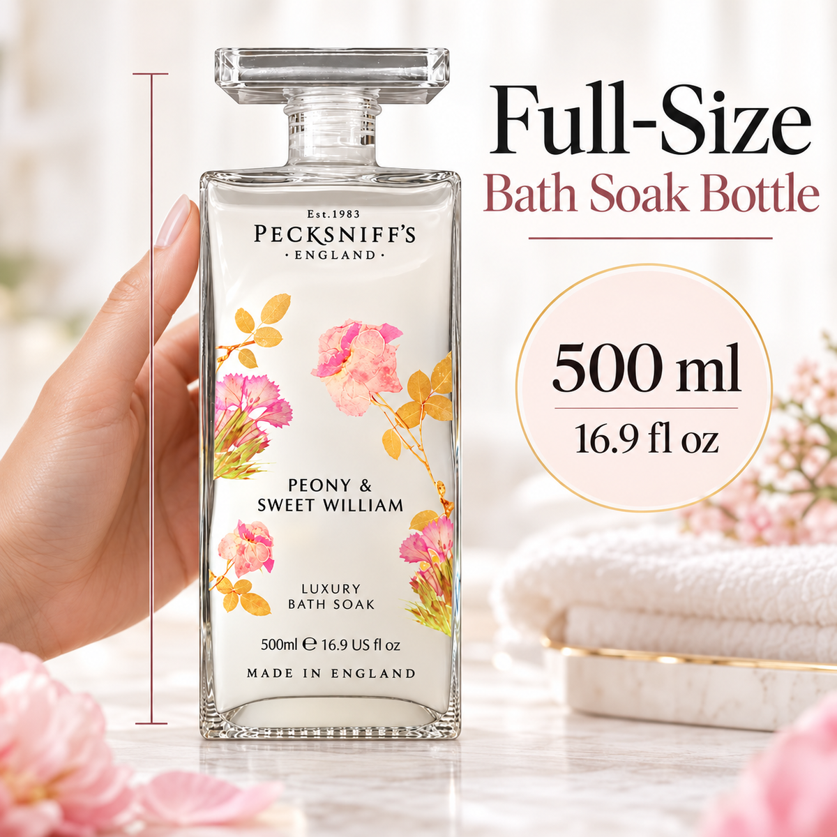 Pecksniff's Peony & Sweet William Bath Soak Decanter | 500ml/16.9 Fl Oz
