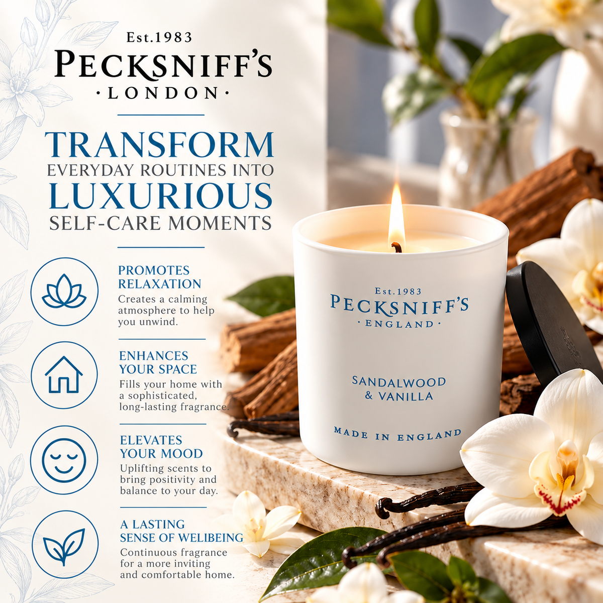 Pecksniff's Sandalwood & Vanilla Luxury Scented Candle | 1 Wick, 100 g/3.5 oz