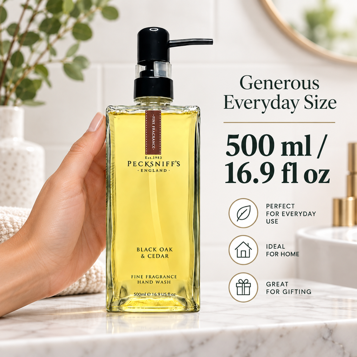 Pecksniffs Black Oak & Cedar Fine Fragrance Hand Wash in a Glass Bottle | 500ml, 16.9 Fl oz