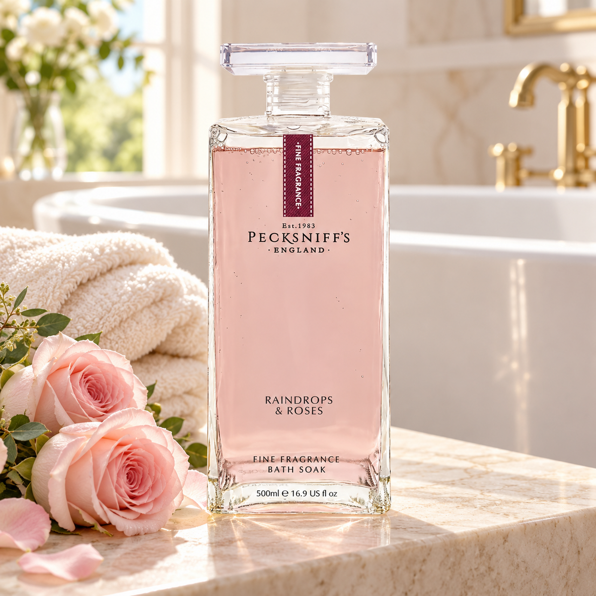 Pecksniffs Prestige Raindrops & Roses Bath Soak Decanter | 500ml/16.9 Fl Oz