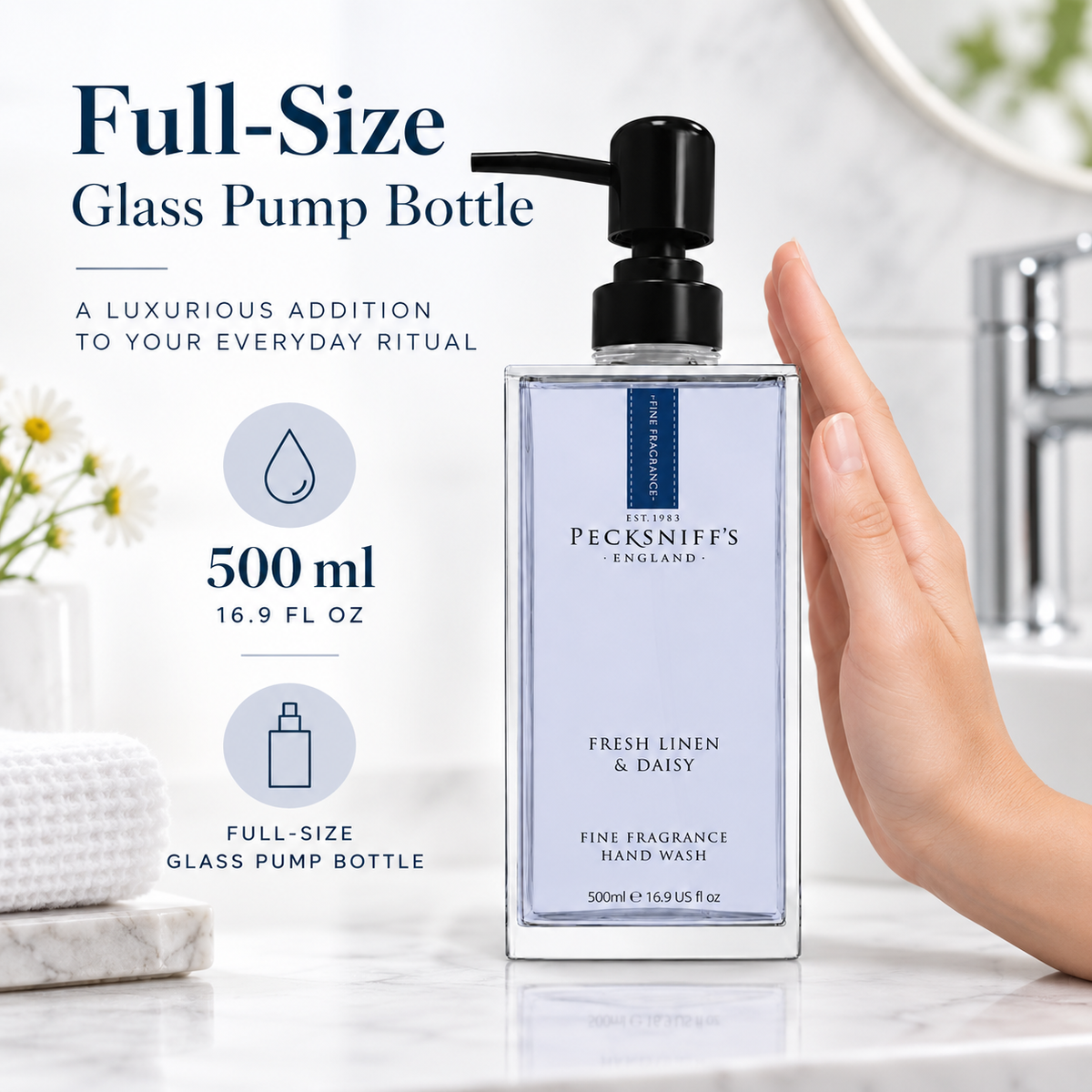 Pecksniffs Fresh Linen & Daisy Fine Fragrance Hand Wash in a Glass Bottle | 500ml, 16.9 Fl oz