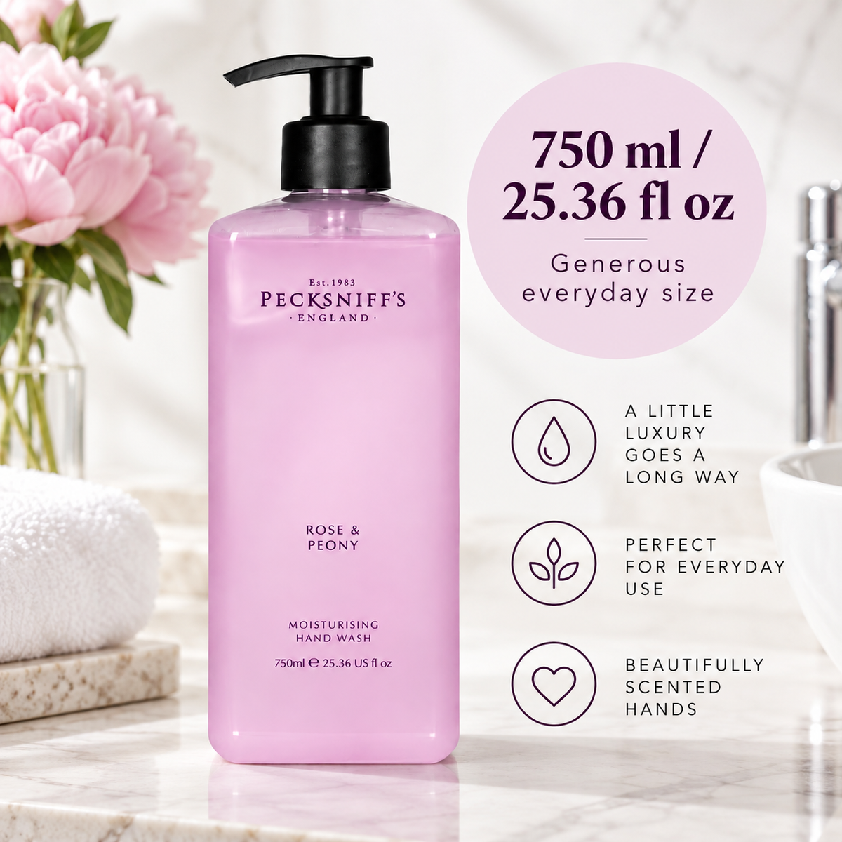 Pecksniff's Classic Rose & Peony Scented Moisturizing Hand Wash | 750ml, 25.3 Fl oz