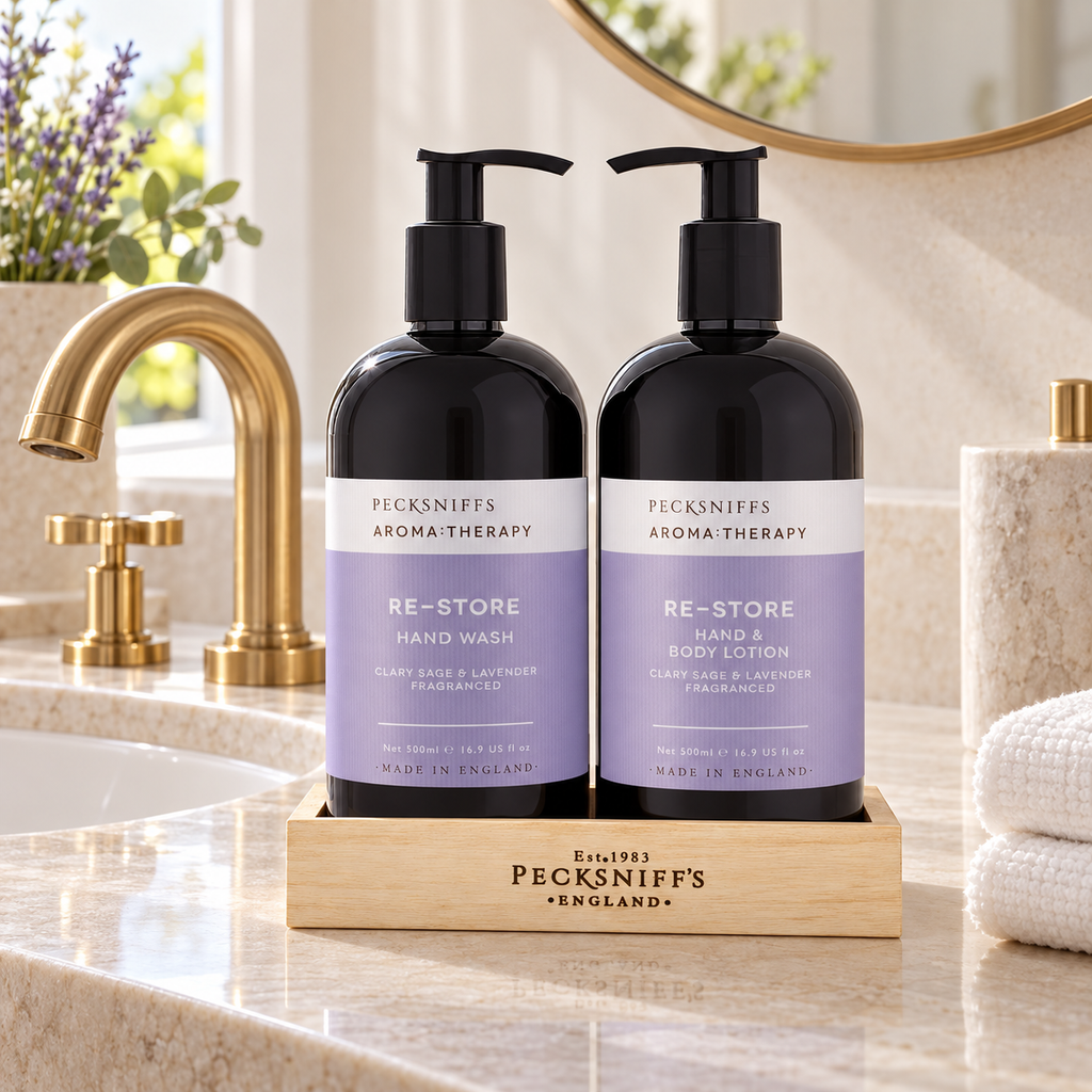Pecksniff's Aroma:Therapy Re-Store Duo Caddy, 500 ml/16.9 fl oz Hand Wash and 500 ml/16.9 fl oz Hand & Body Lotion