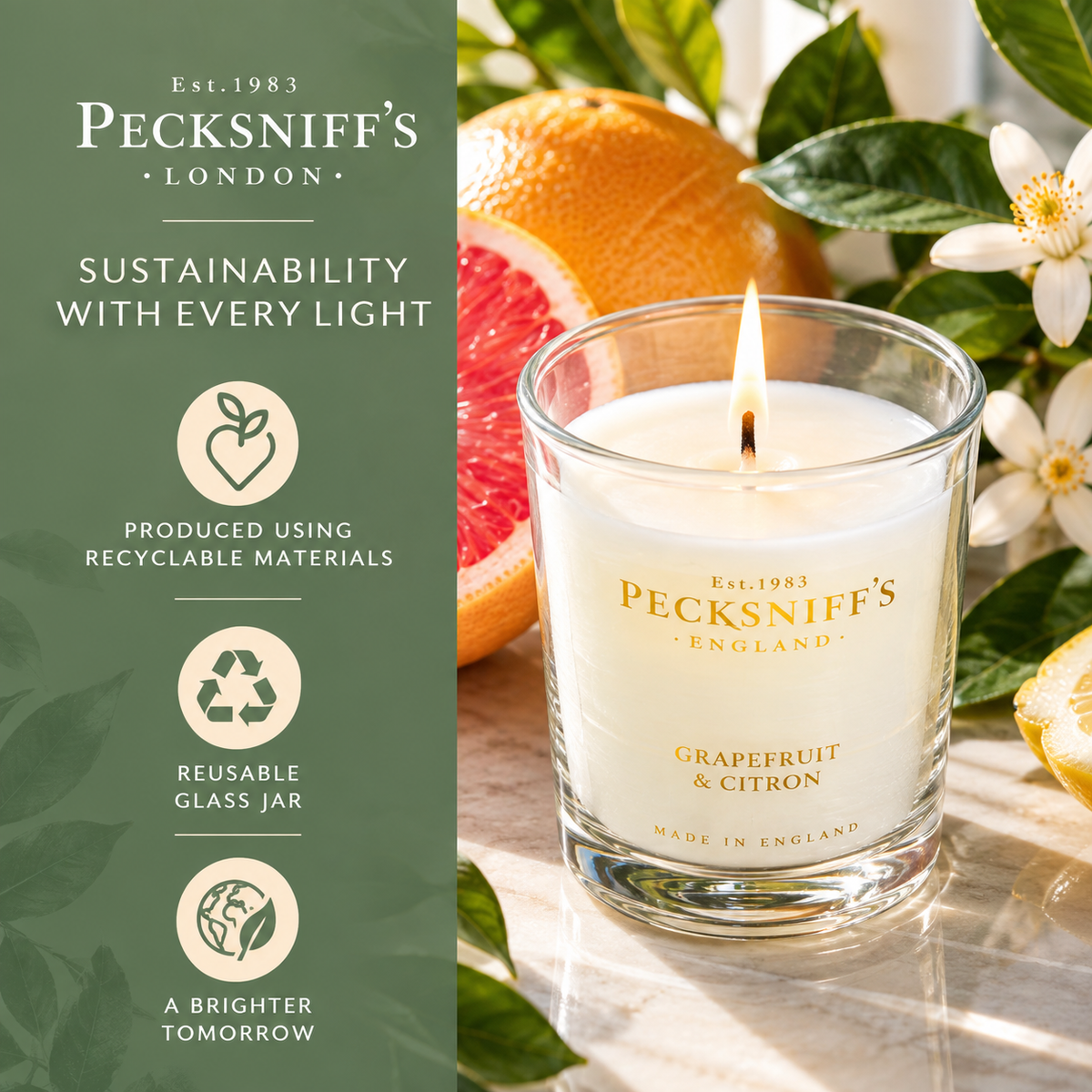Pecksniff's Grapefruit & Citron Luxury Scented Candle | 1 Wick, 100 g/3.5 oz